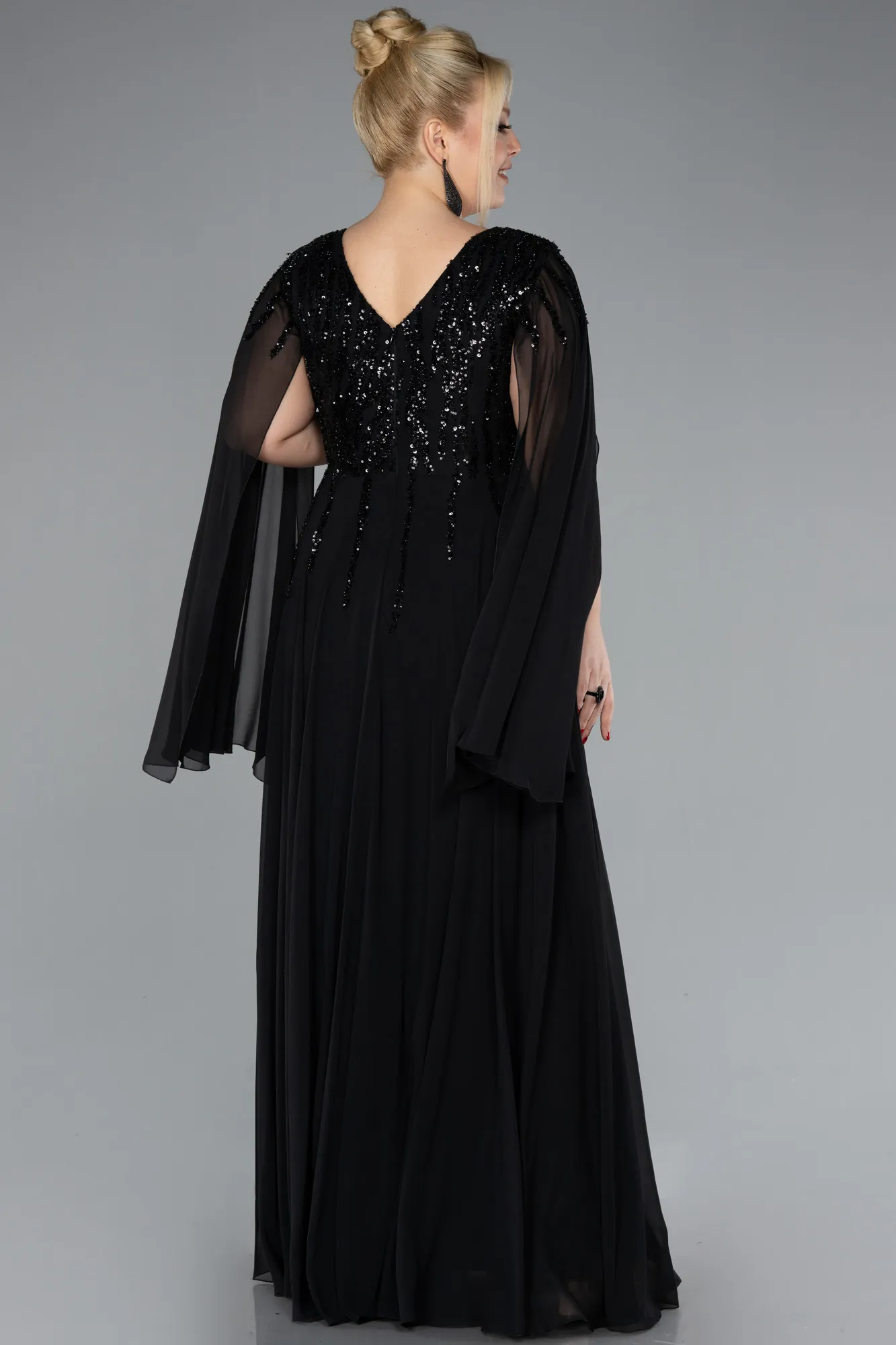 Black-Chiffon Shawl Sleeve V Neck Scaly Long Plus Size Evening Dress ABU4507