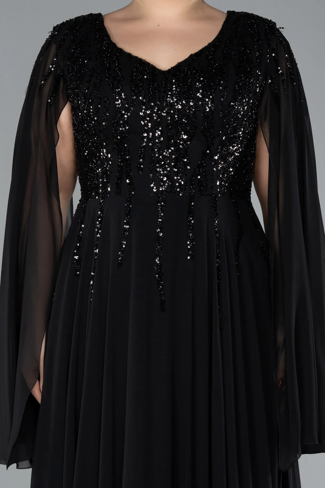 Black-Chiffon Shawl Sleeve V Neck Scaly Long Plus Size Evening Dress ABU4507