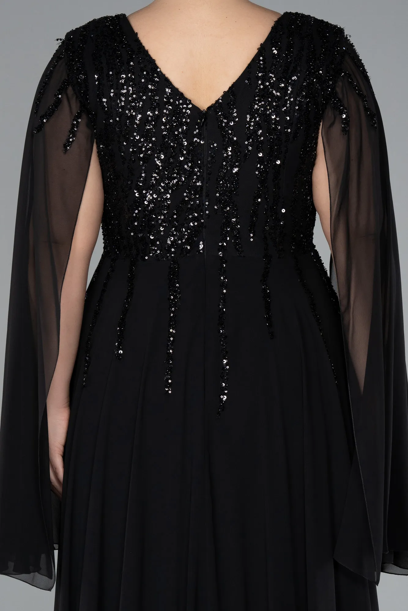 Black-Chiffon Shawl Sleeve V Neck Scaly Long Plus Size Evening Dress ABU4507