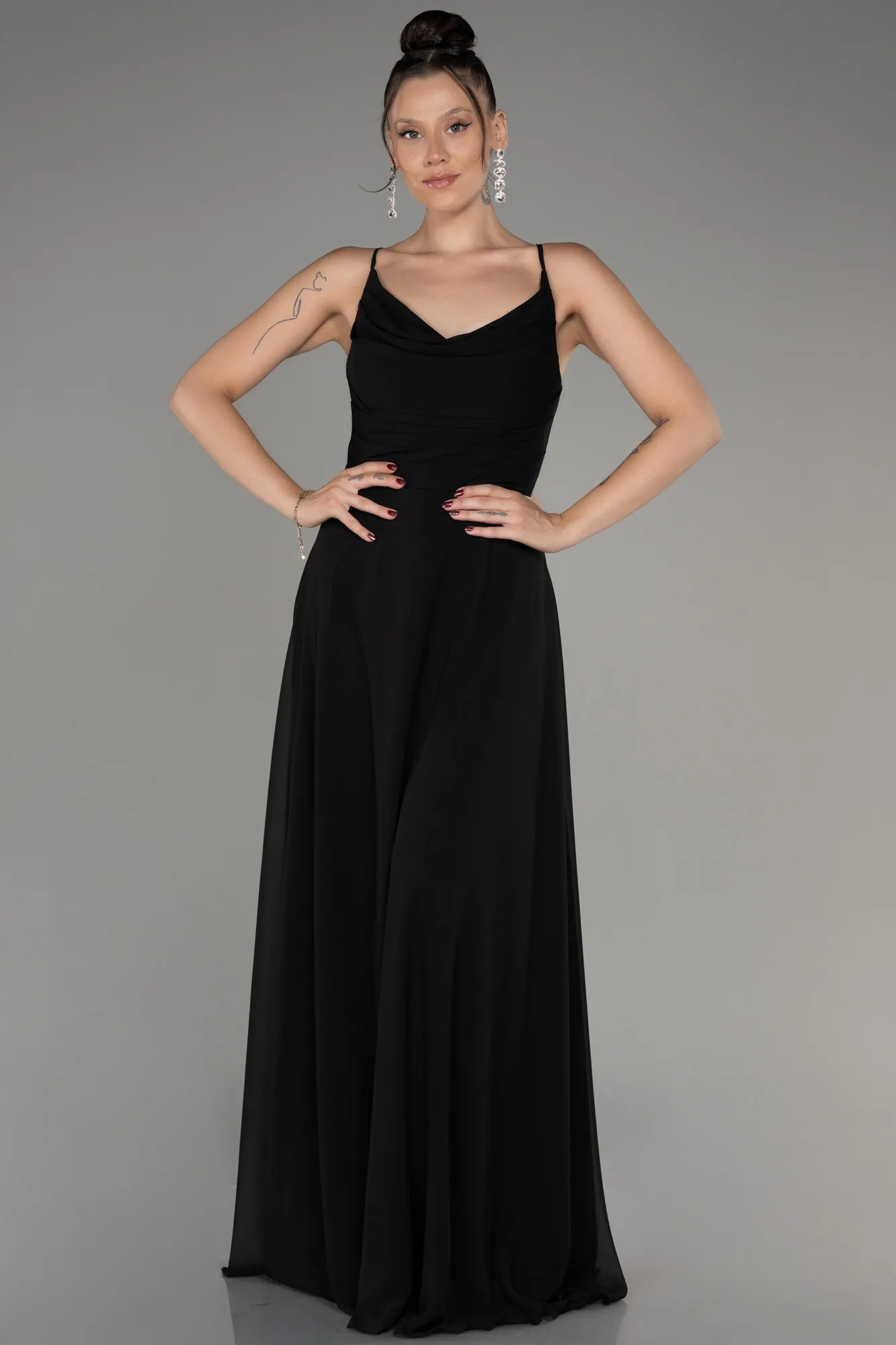 Black-Cowl Neck Long Chiffon Evening Dress ABU4041