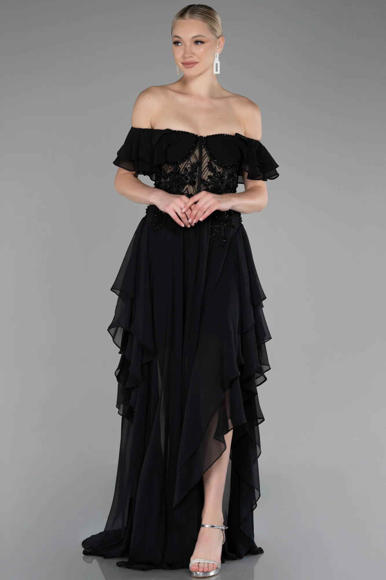 Black-Dantelle Boat Neck Slit Long Chiffon Prom Dress ABU4175