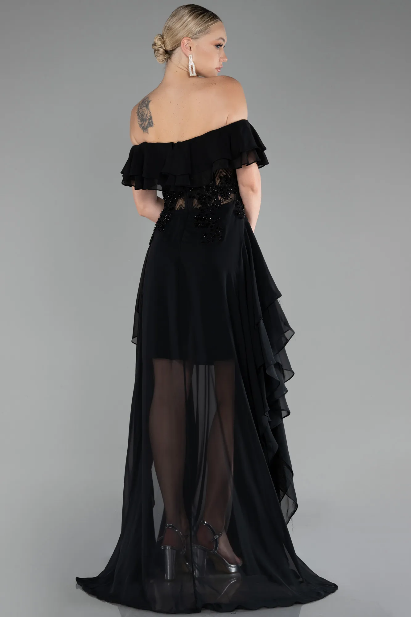 Black-Dantelle Boat Neck Slit Long Chiffon Prom Dress ABU4175