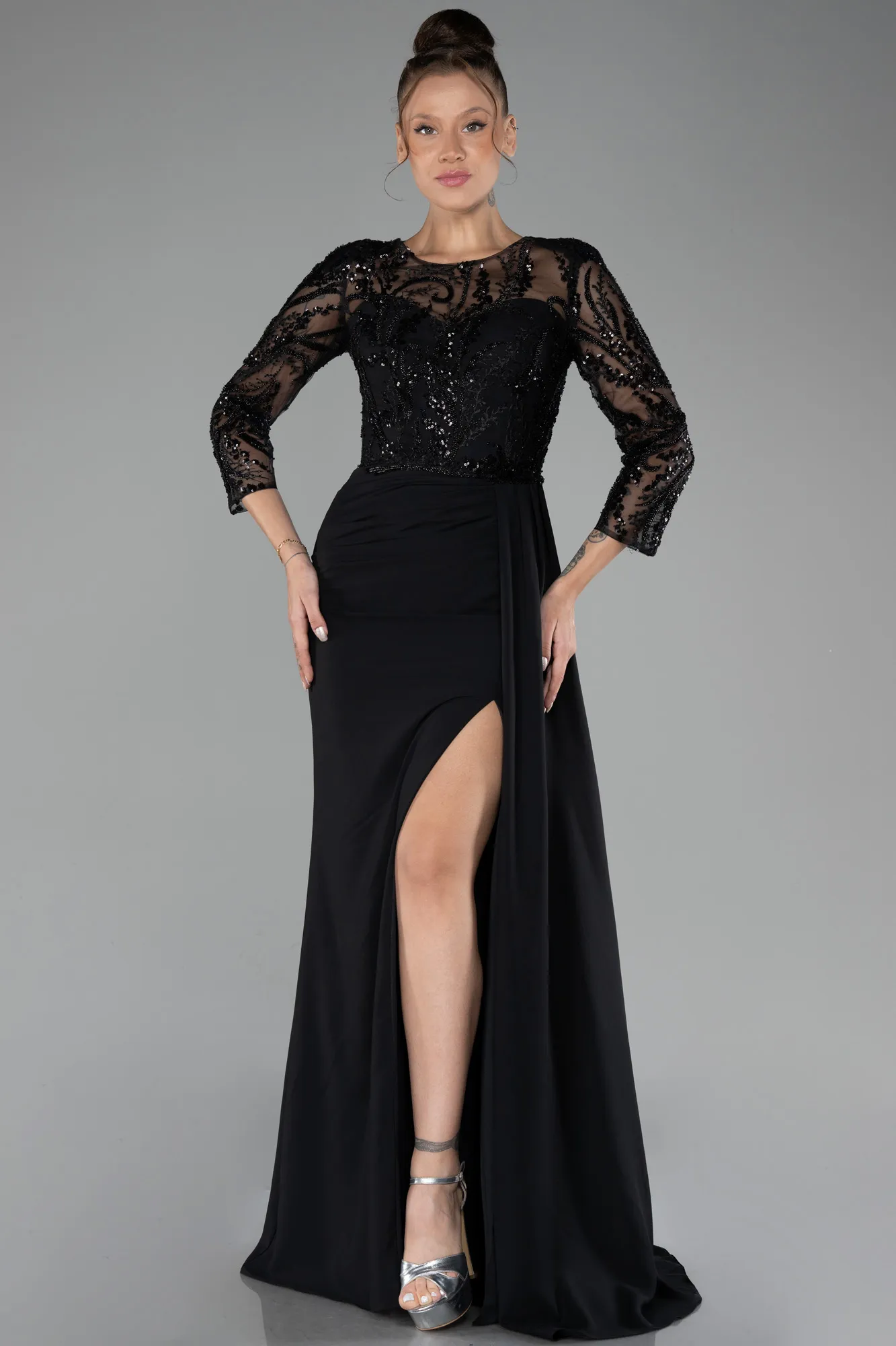 Black-Embroidered Capri Sleeve Slit Chiffon Evening Gown ABU4293