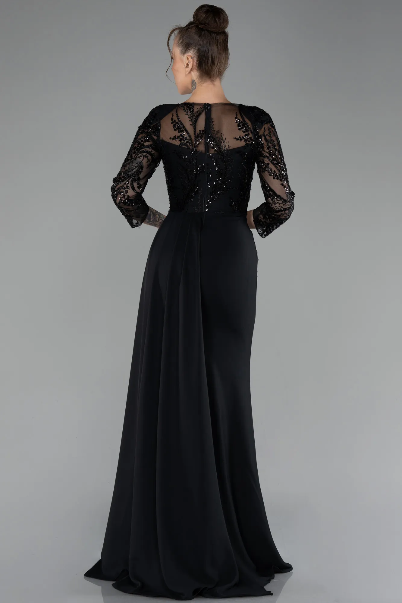 Black-Embroidered Capri Sleeve Slit Chiffon Evening Gown ABU4293