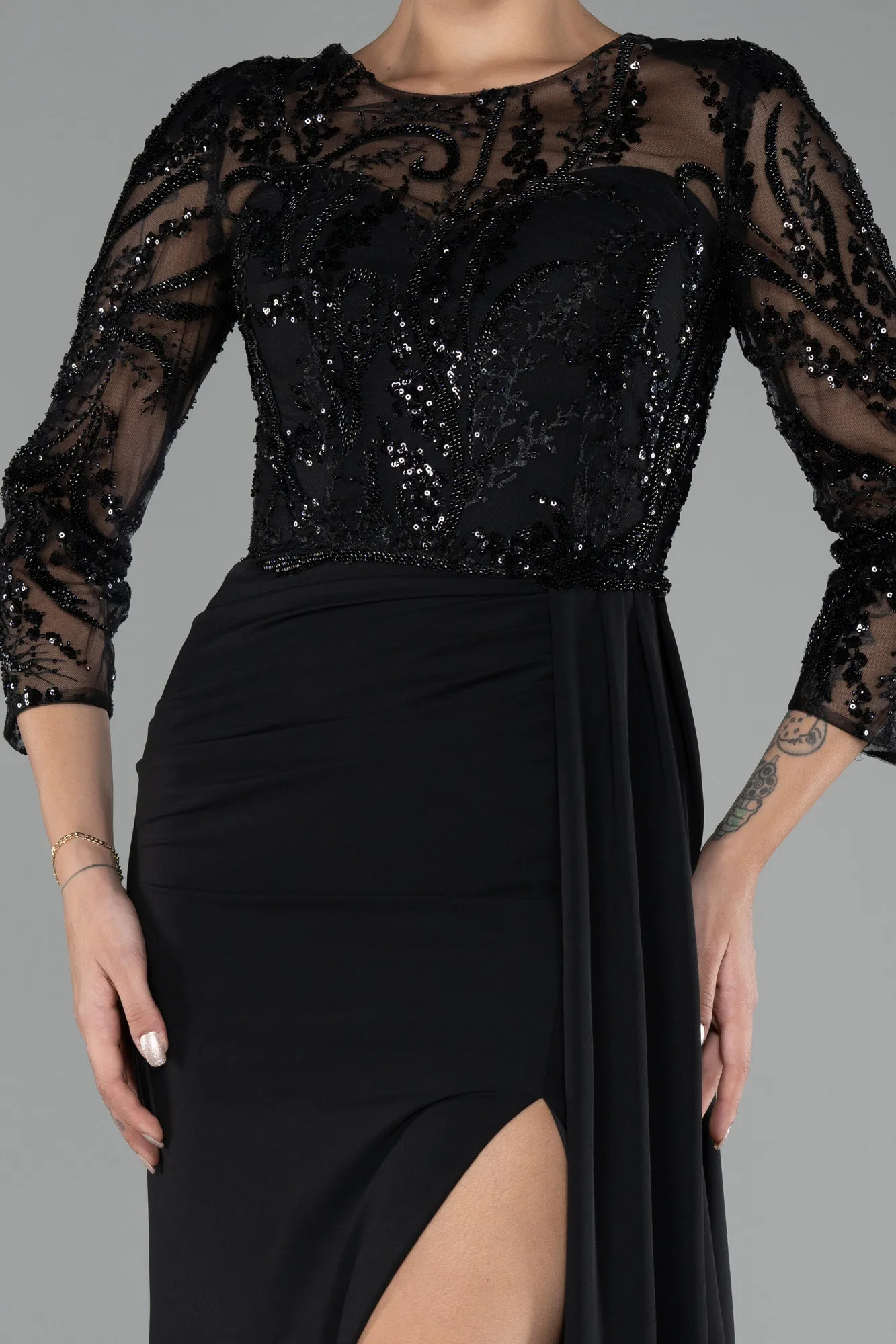 Black-Embroidered Capri Sleeve Slit Chiffon Evening Gown ABU4293