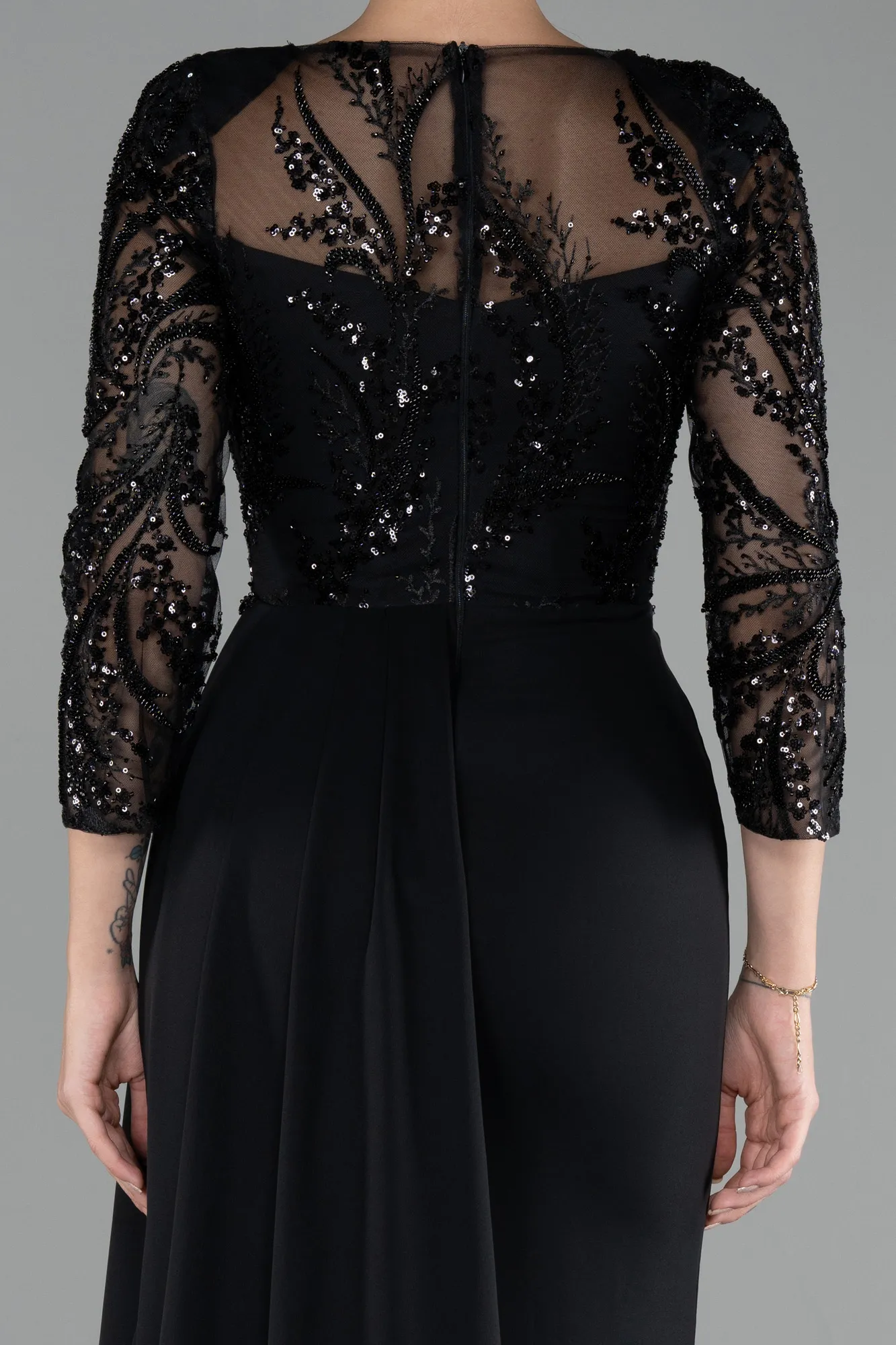 Black-Embroidered Capri Sleeve Slit Chiffon Evening Gown ABU4293