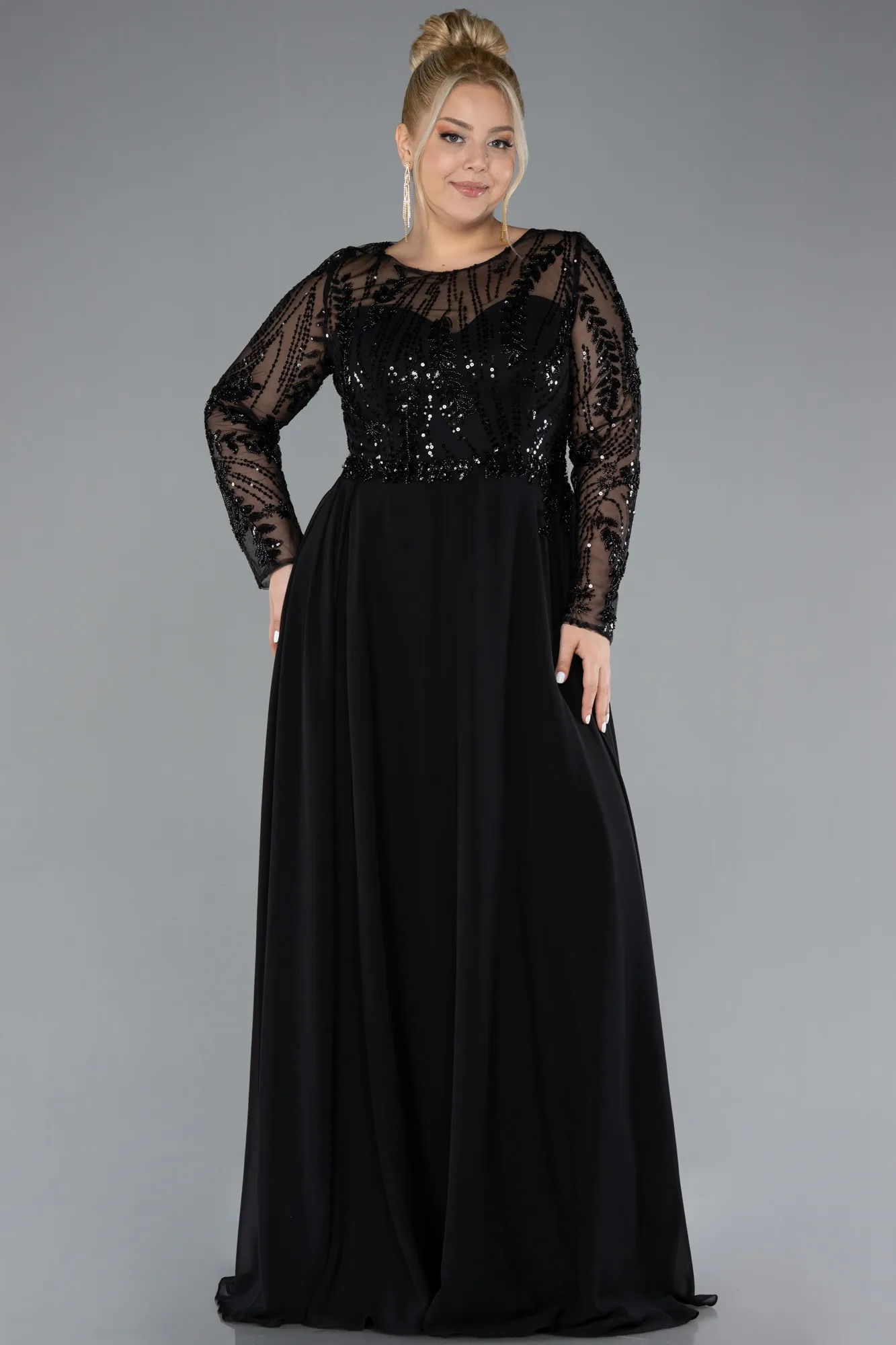 Black-Embroidered Long Sleeve Chiffon Plus Size Evening Gown ABU4312