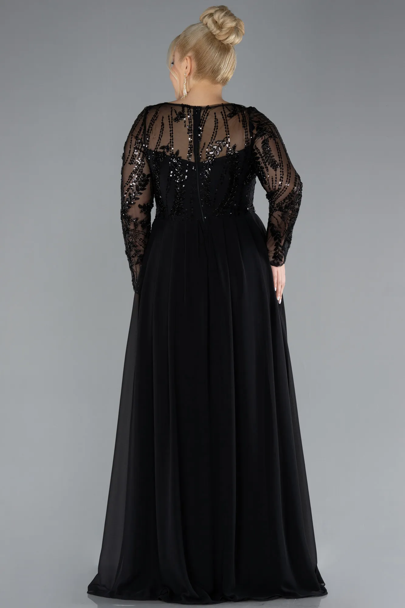 Black-Embroidered Long Sleeve Chiffon Plus Size Evening Gown ABU4312