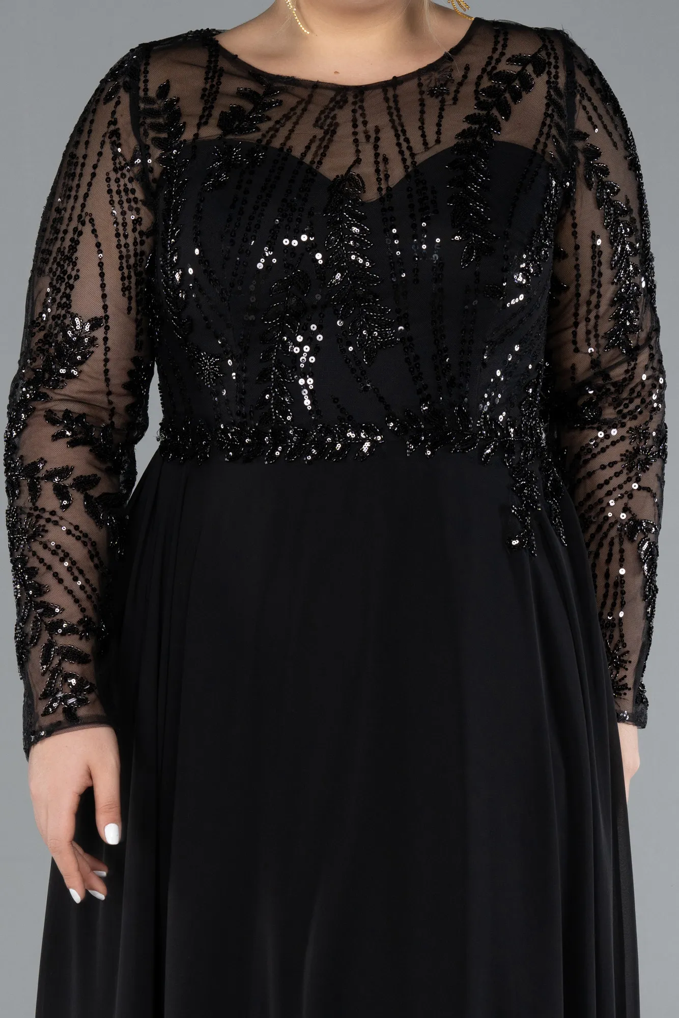 Black-Embroidered Long Sleeve Chiffon Plus Size Evening Gown ABU4312