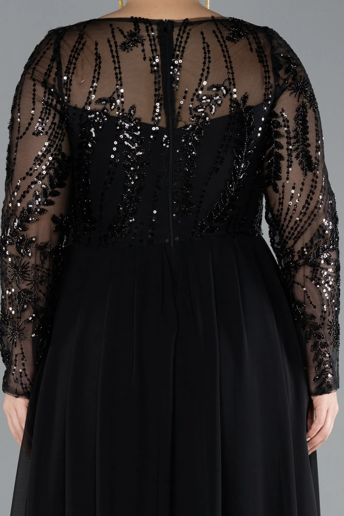 Black-Embroidered Long Sleeve Chiffon Plus Size Evening Gown ABU4312