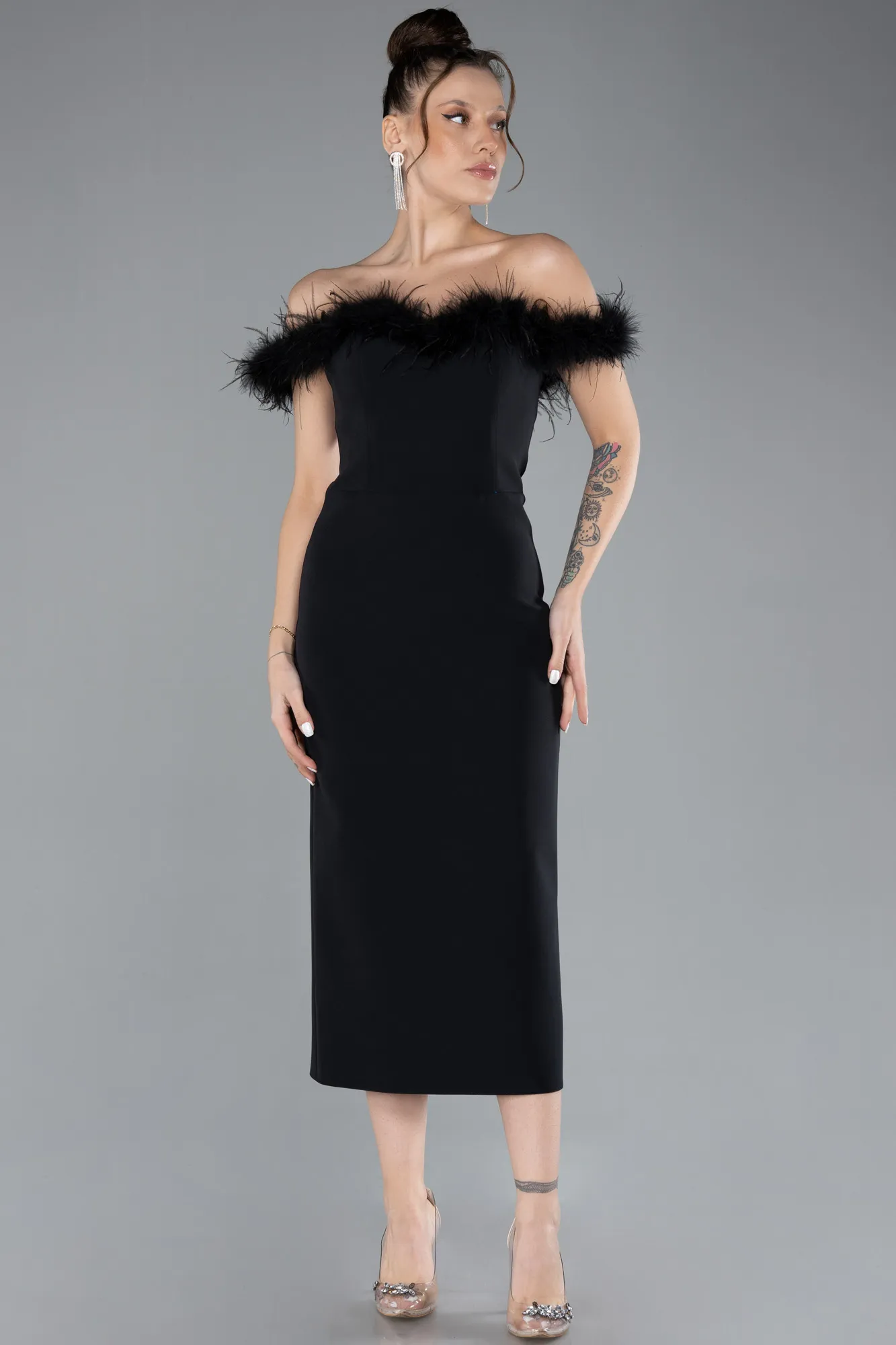 Black-Feathered Boat Neck Midi Cocktail Dress ABU4473