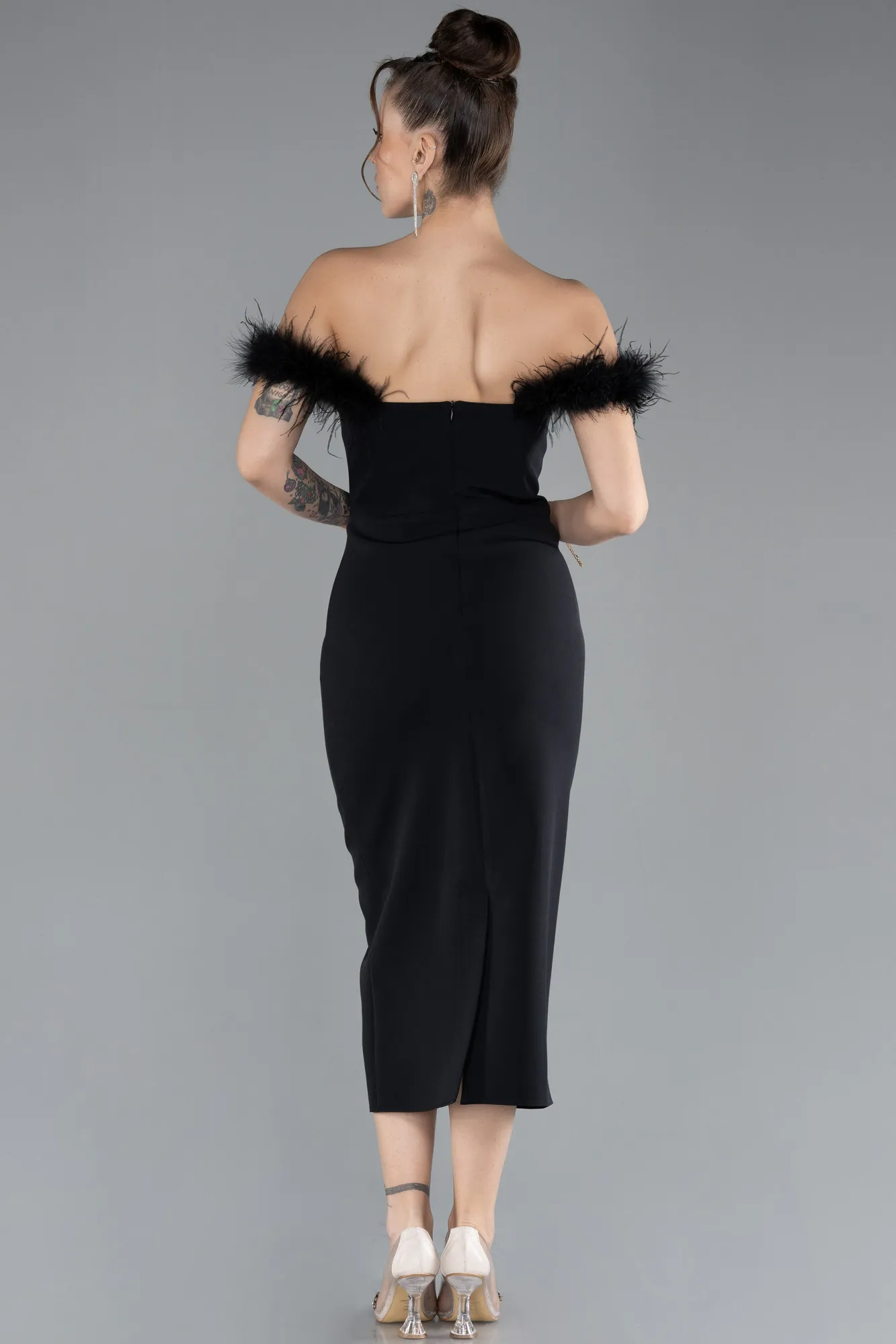 Black-Feathered Boat Neck Midi Cocktail Dress ABU4473