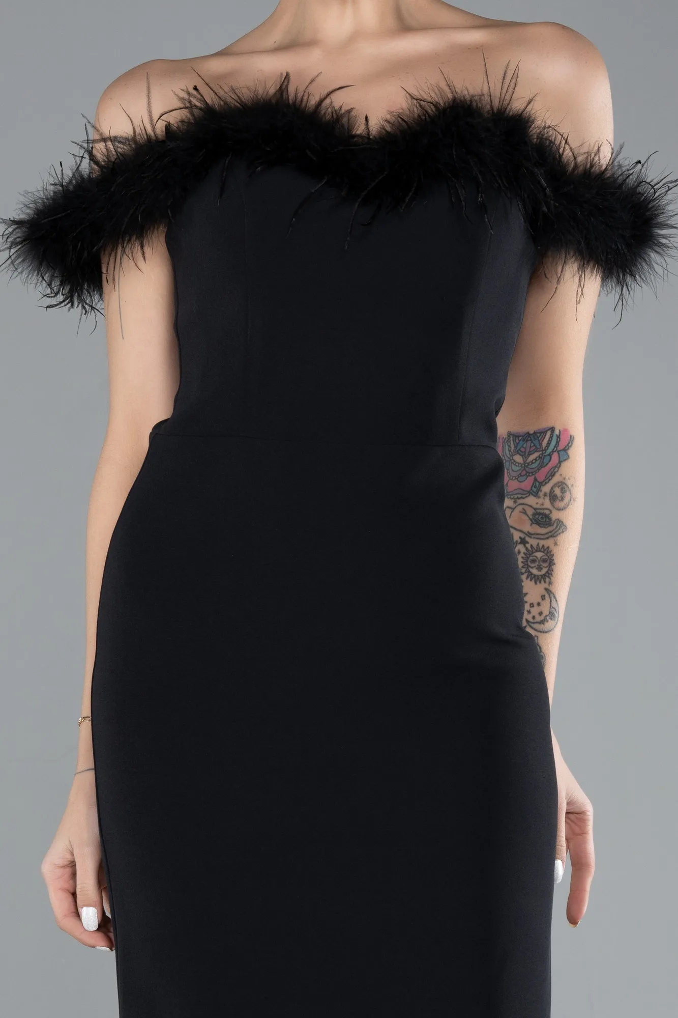 Black-Feathered Boat Neck Midi Cocktail Dress ABU4473