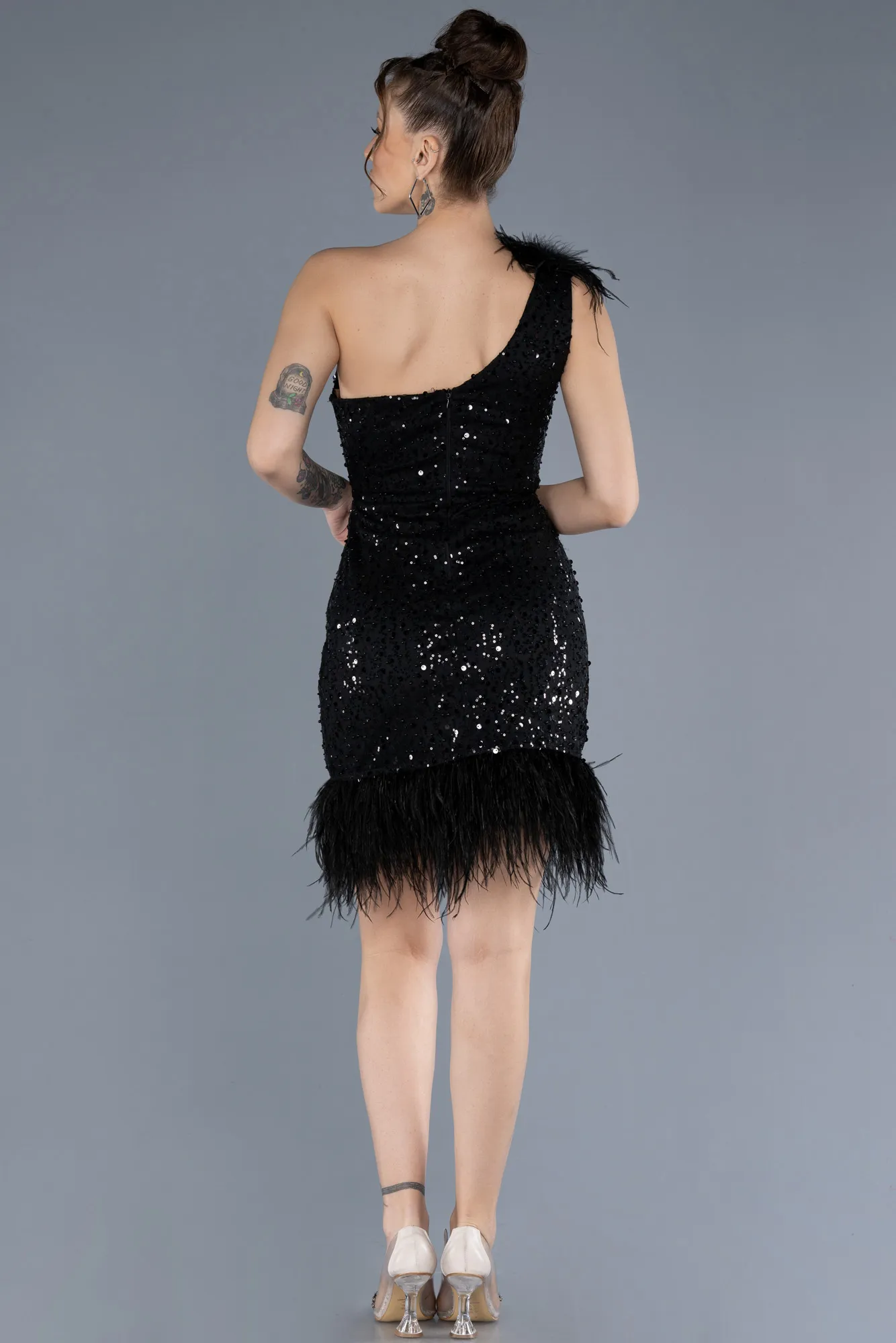 Black-Feathered One Shoulder Short Scaly Evening Dress ABU4580