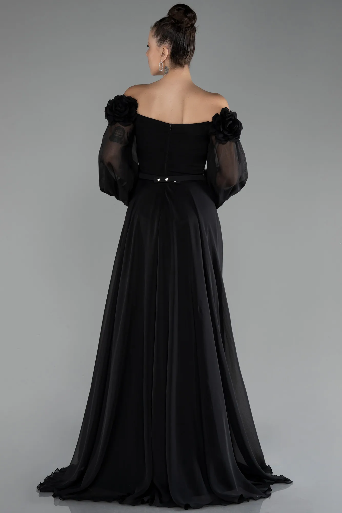 Black-Floral Boat Neck Long Sleeve Chiffon Prom Gown ABU4130