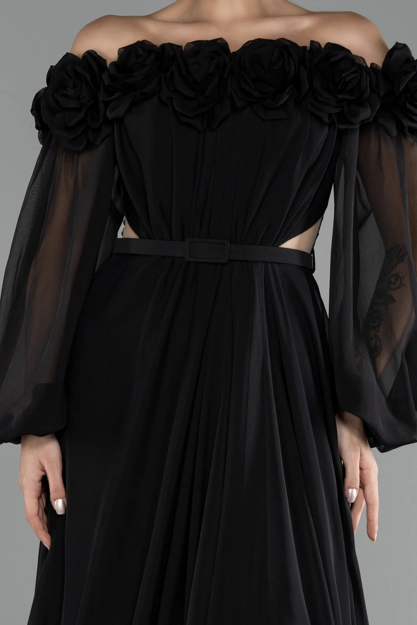 Black-Floral Boat Neck Long Sleeve Chiffon Prom Gown ABU4130