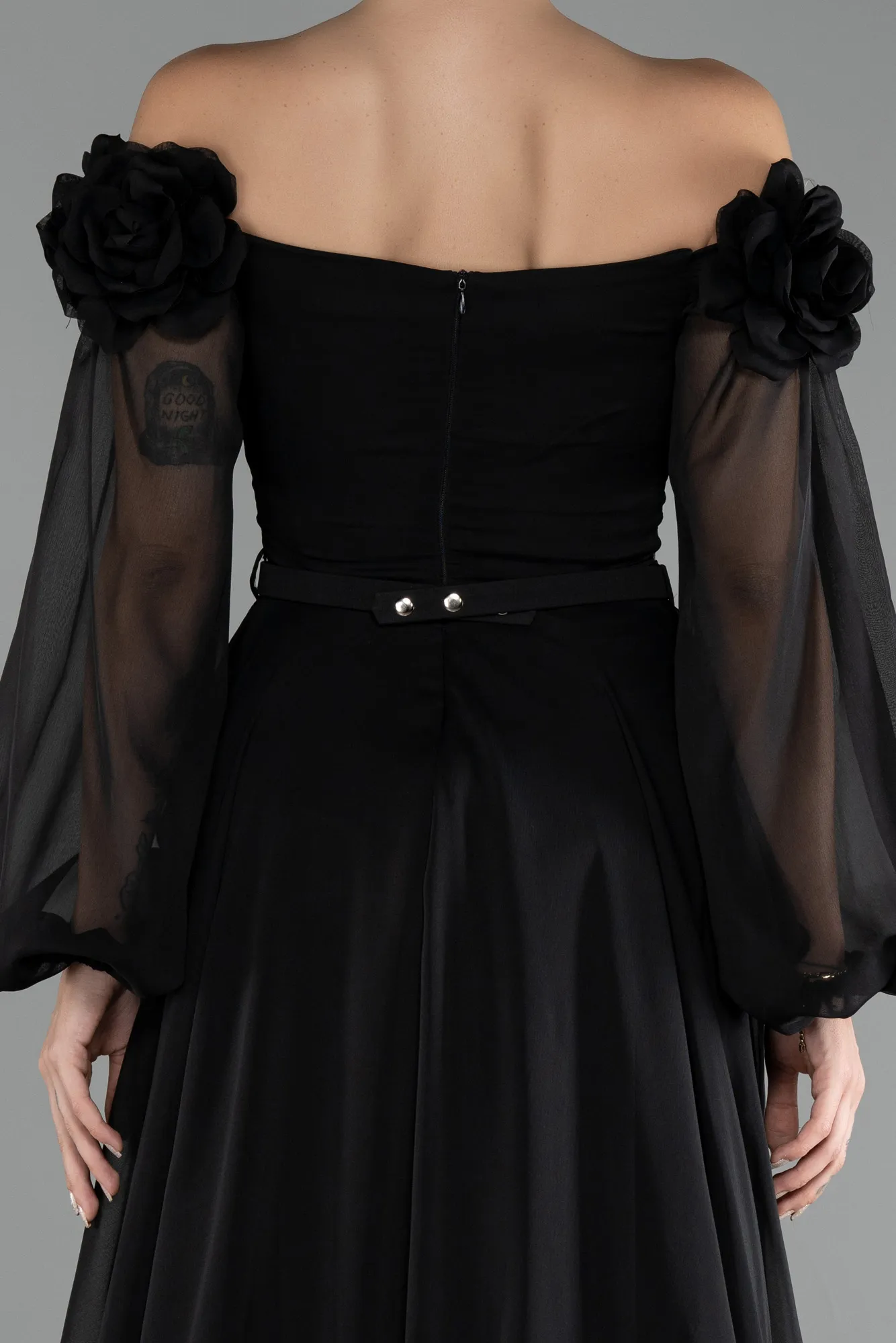 Black-Floral Boat Neck Long Sleeve Chiffon Prom Gown ABU4130