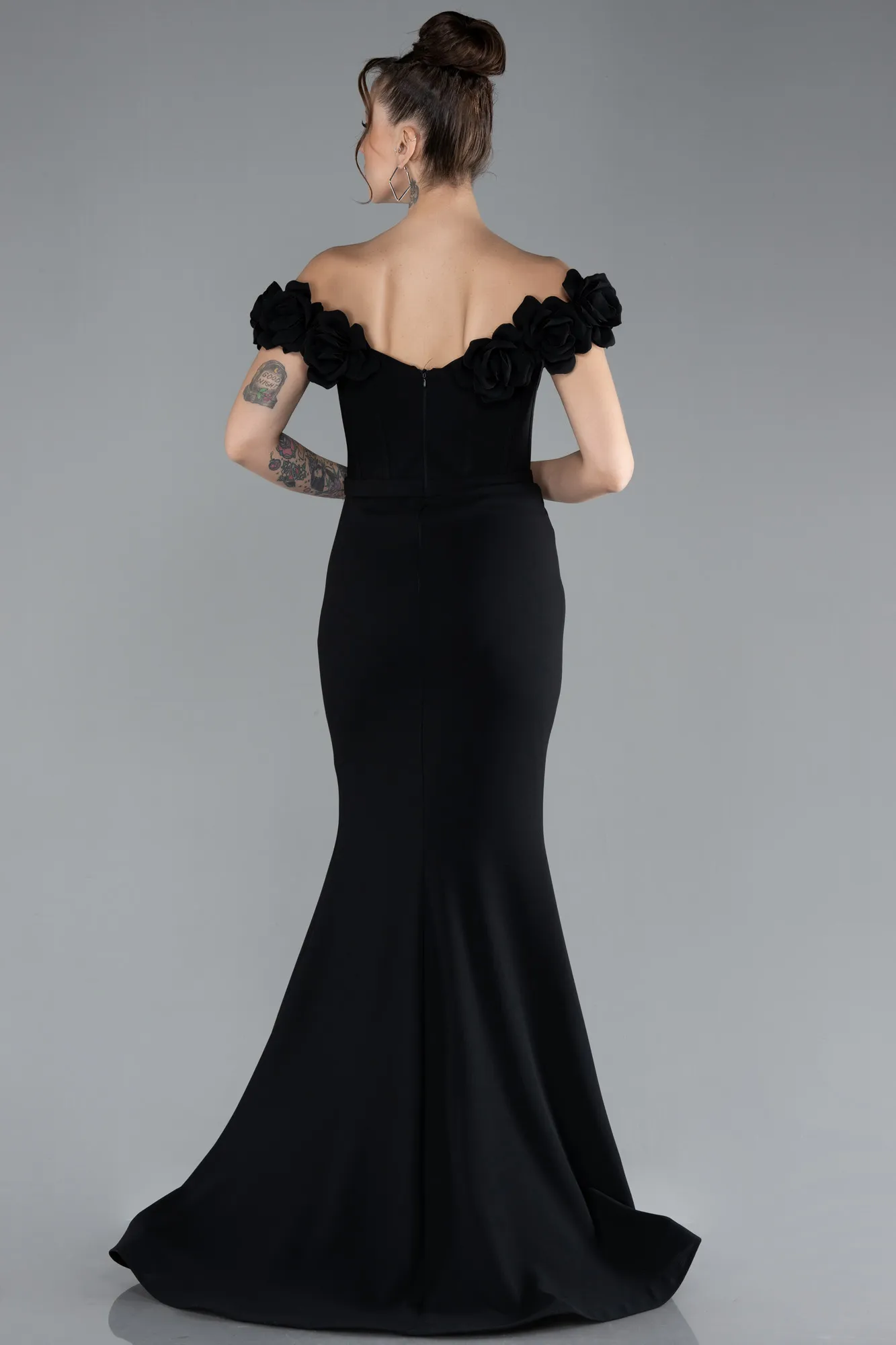 Black-Floral Boat Neck Slit Long Evening Gown ABU4387