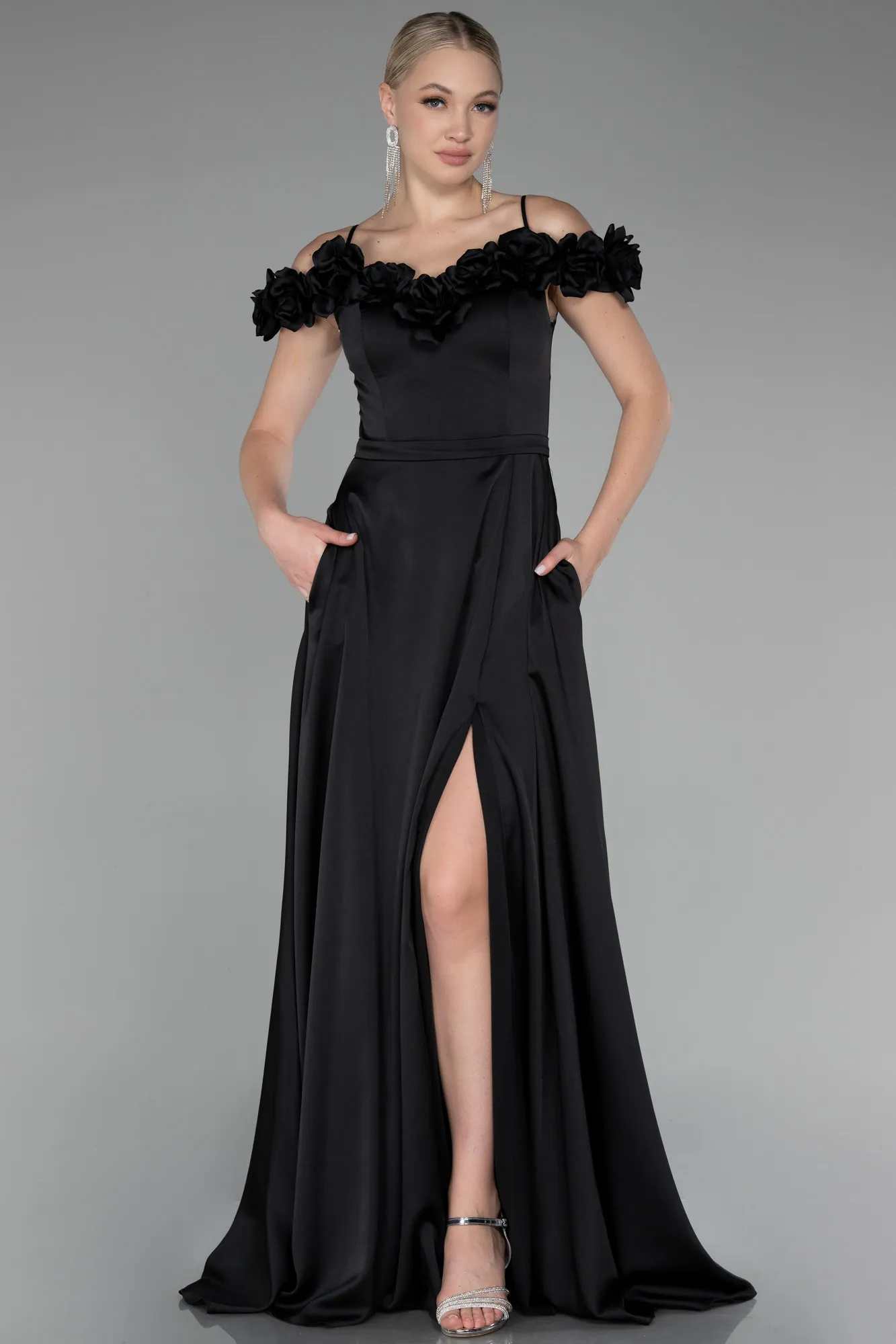 Black-Floral Boat Neck Slit Long Satin Evening Dress ABU4123