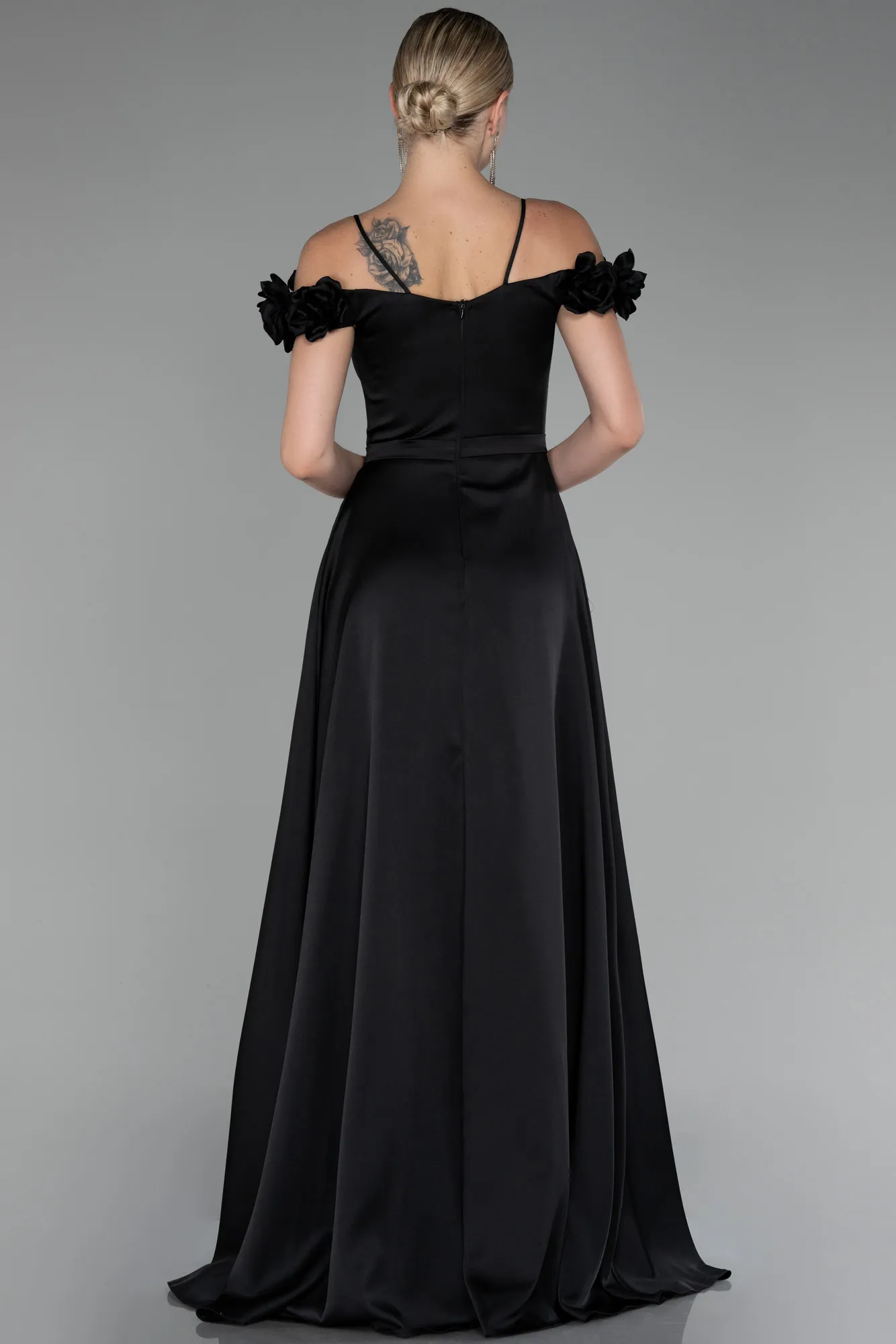 Black-Floral Boat Neck Slit Long Satin Evening Dress ABU4123