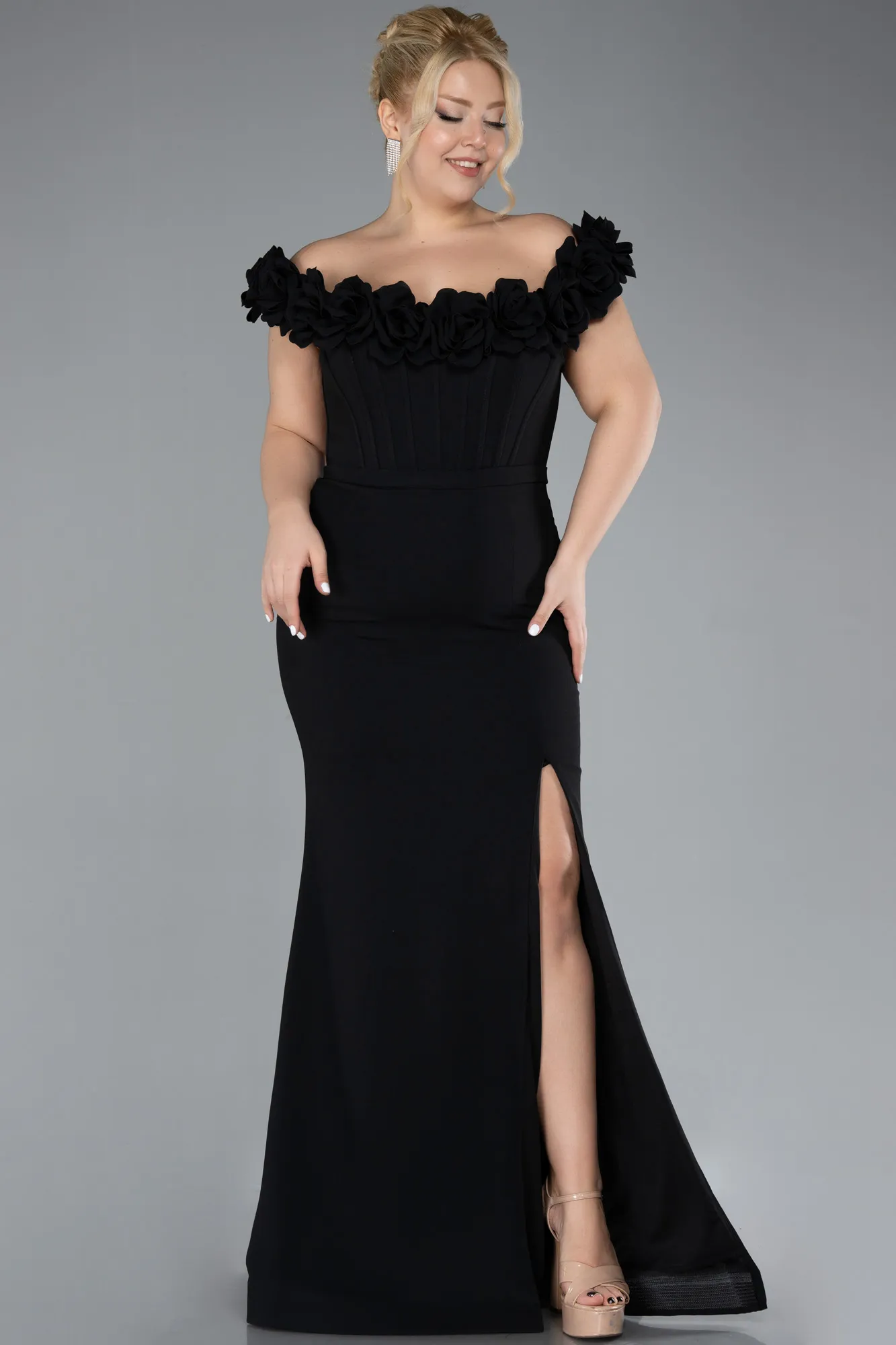 Black-Floral Collar Slit Long Plus Size Evening Gown ABU4388