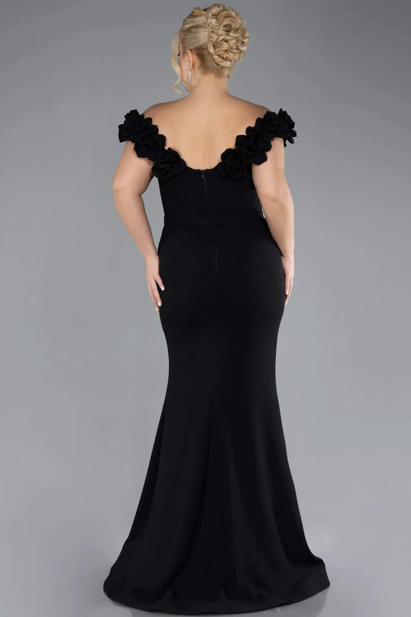 Black-Floral Collar Slit Long Plus Size Evening Gown ABU4388