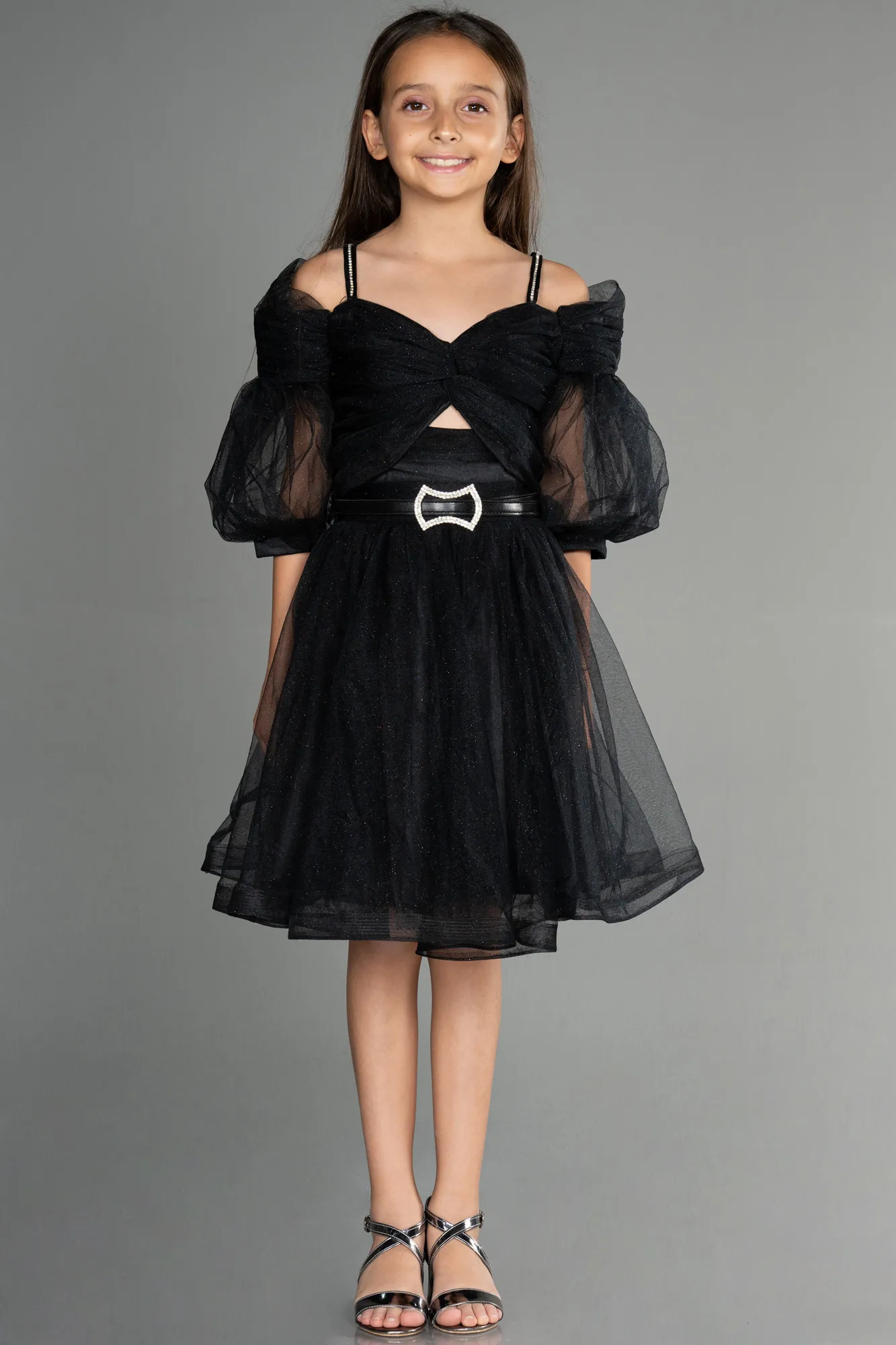 Black-Front Short Back Long Girl Dress ABO090