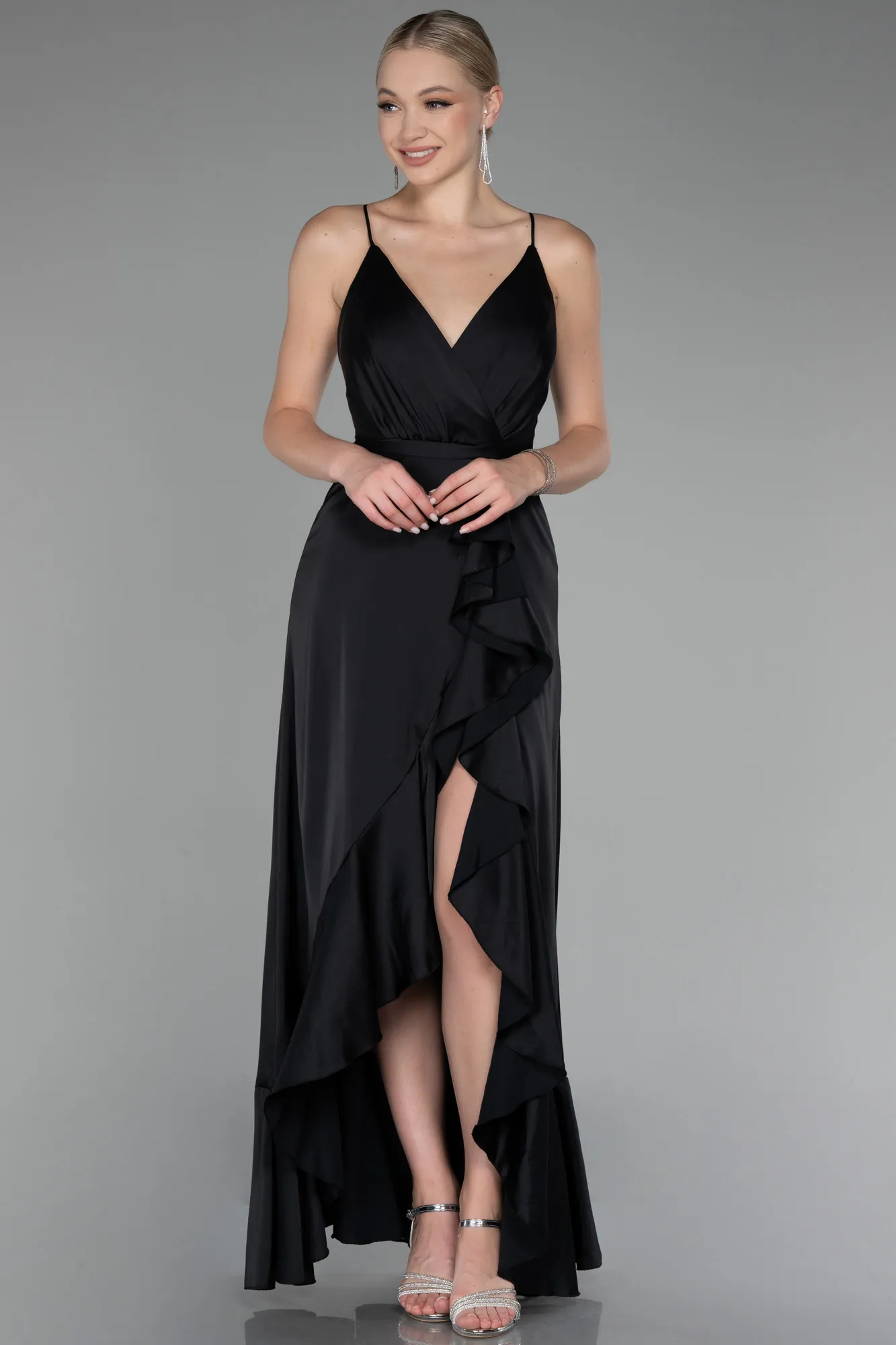 Black-Front Short Back Long Satin Prom Gown ABO109