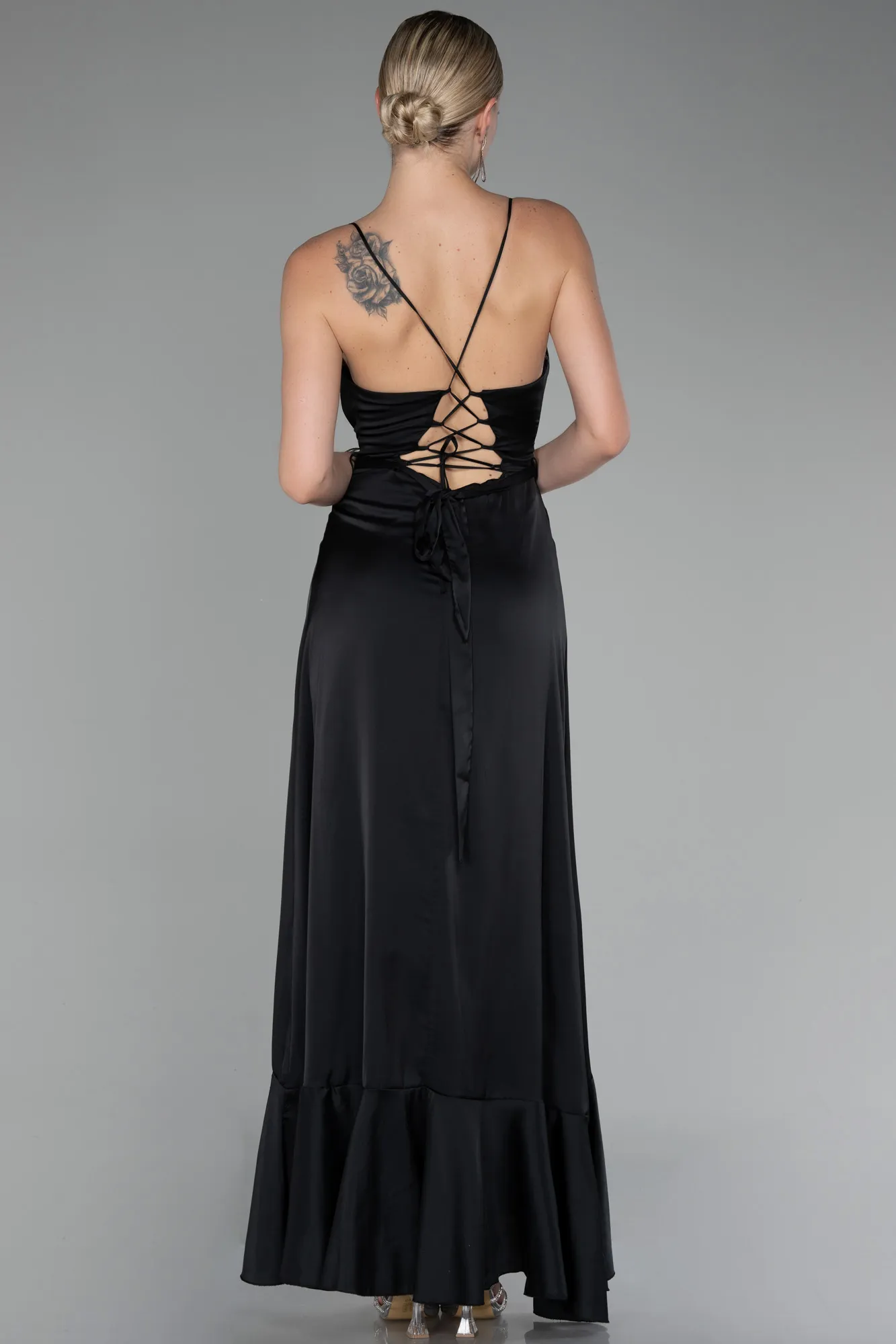 Black-Front Short Back Long Satin Prom Gown ABO109