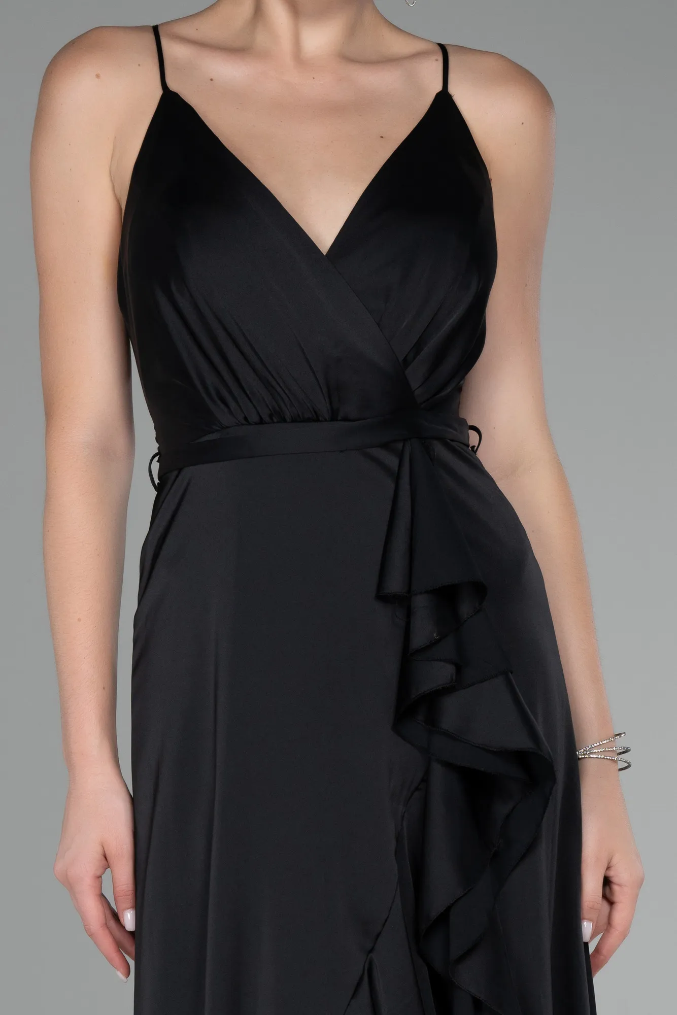 Black-Front Short Back Long Satin Prom Gown ABO109