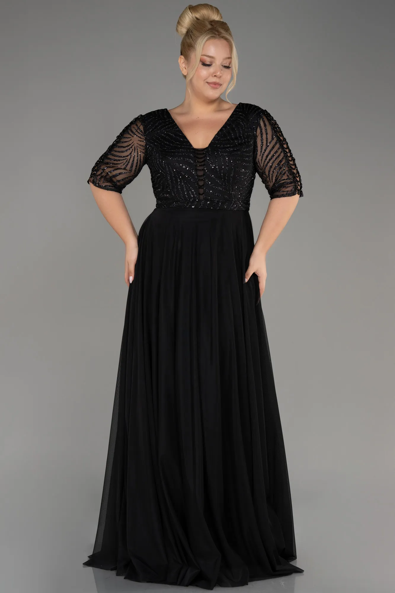 Black-Glittery Short Sleeve Long Plus Size Evening Dress ABU3844