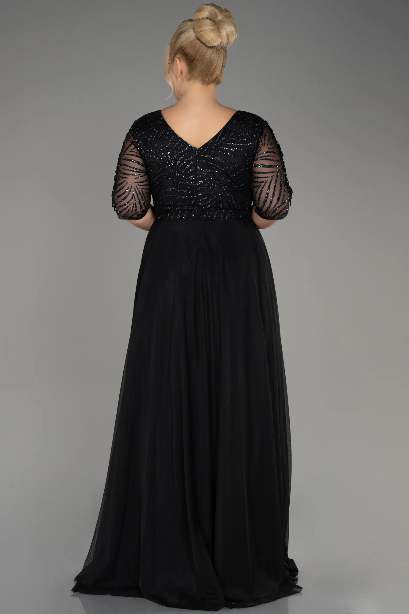 Black-Glittery Short Sleeve Long Plus Size Evening Dress ABU3844