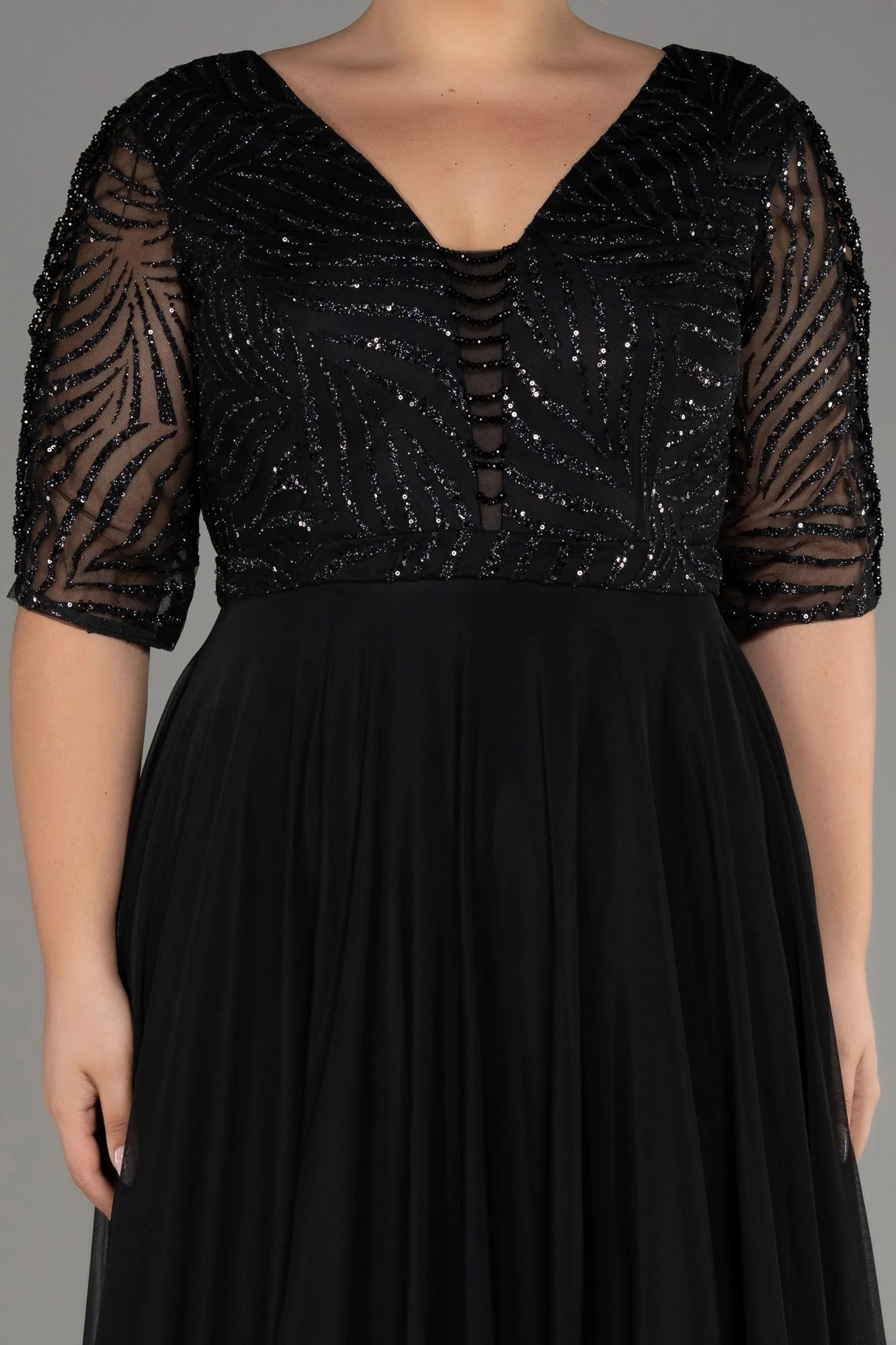 Black-Glittery Short Sleeve Long Plus Size Evening Dress ABU3844