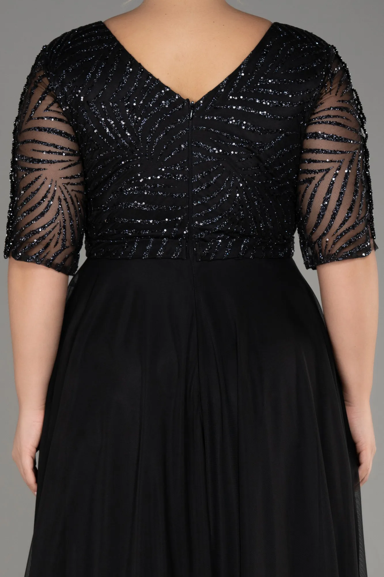 Black-Glittery Short Sleeve Long Plus Size Evening Dress ABU3844