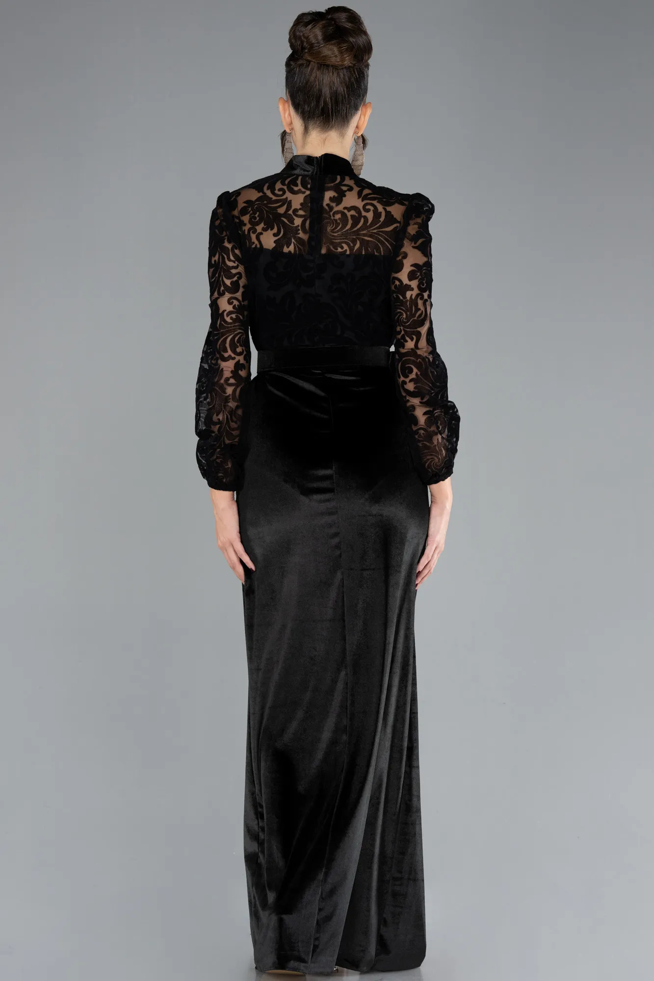 Black-Guipure Long Sleeve Slit Velvet Evening Dress ABU4340