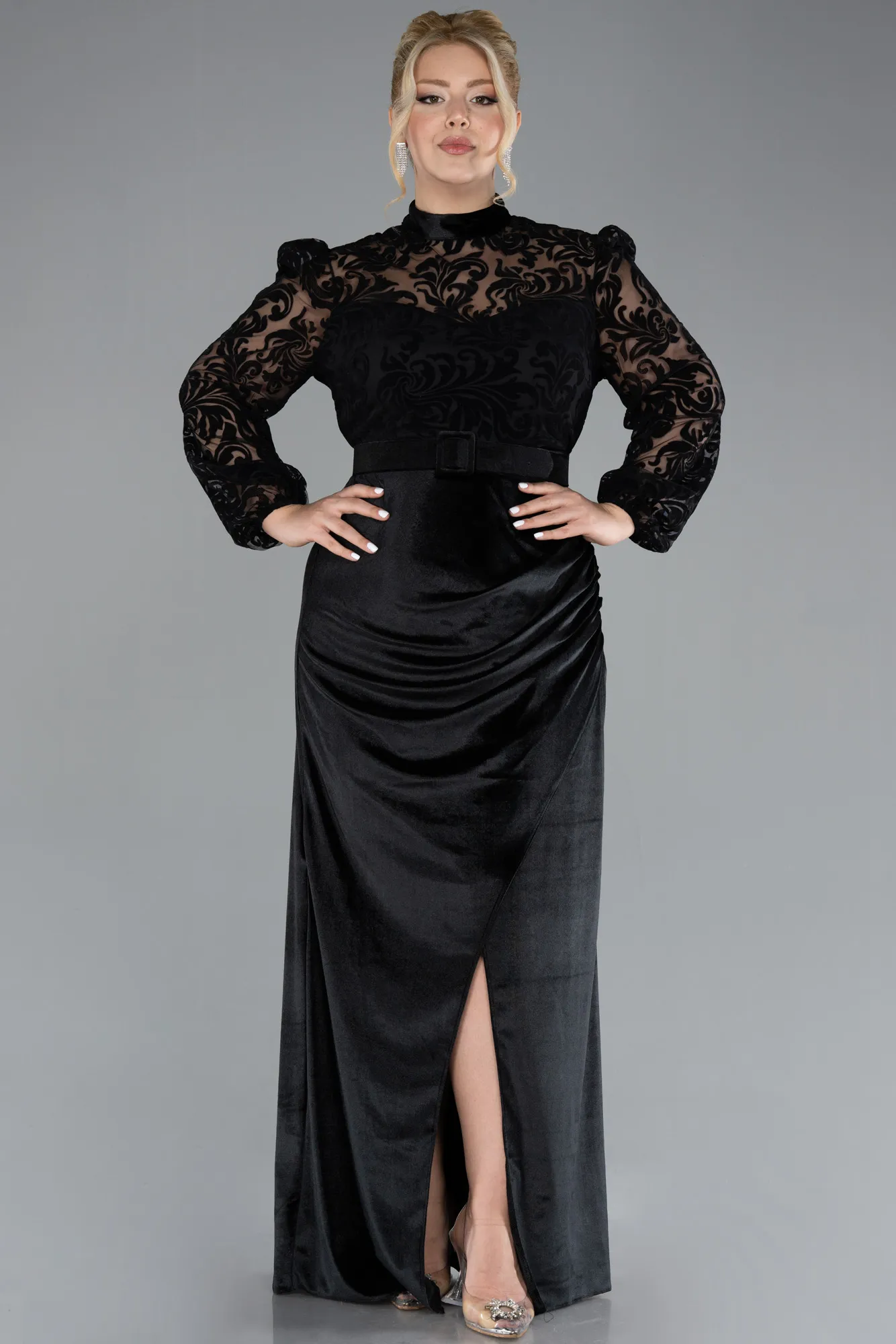 Black-Guipure Long Sleeve Slit Velvet Plus Size Evening Dress ABU4341