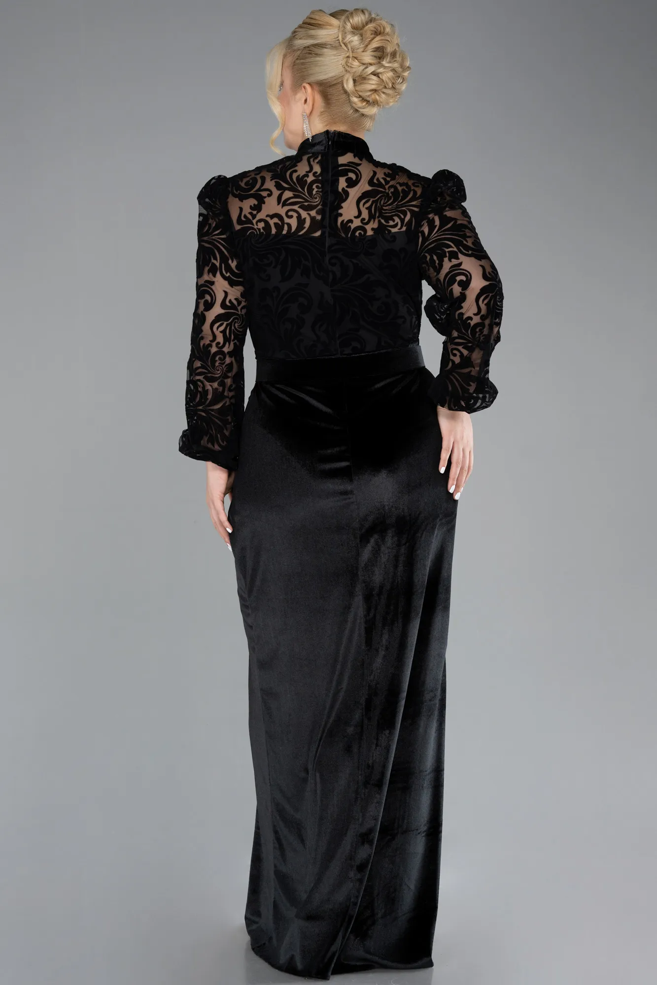 Black-Guipure Long Sleeve Slit Velvet Plus Size Evening Dress ABU4341