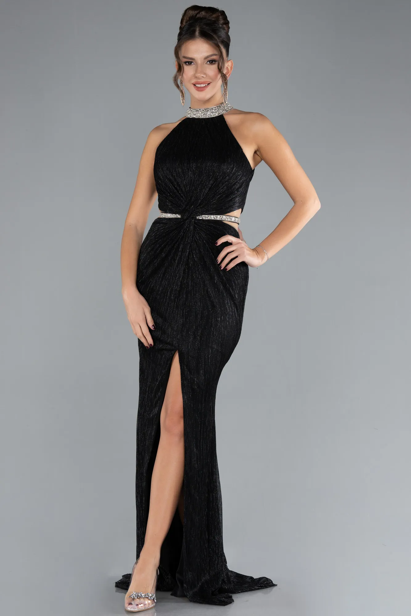 Black-Halter Neck Slit Long Evening Gown ABU4324