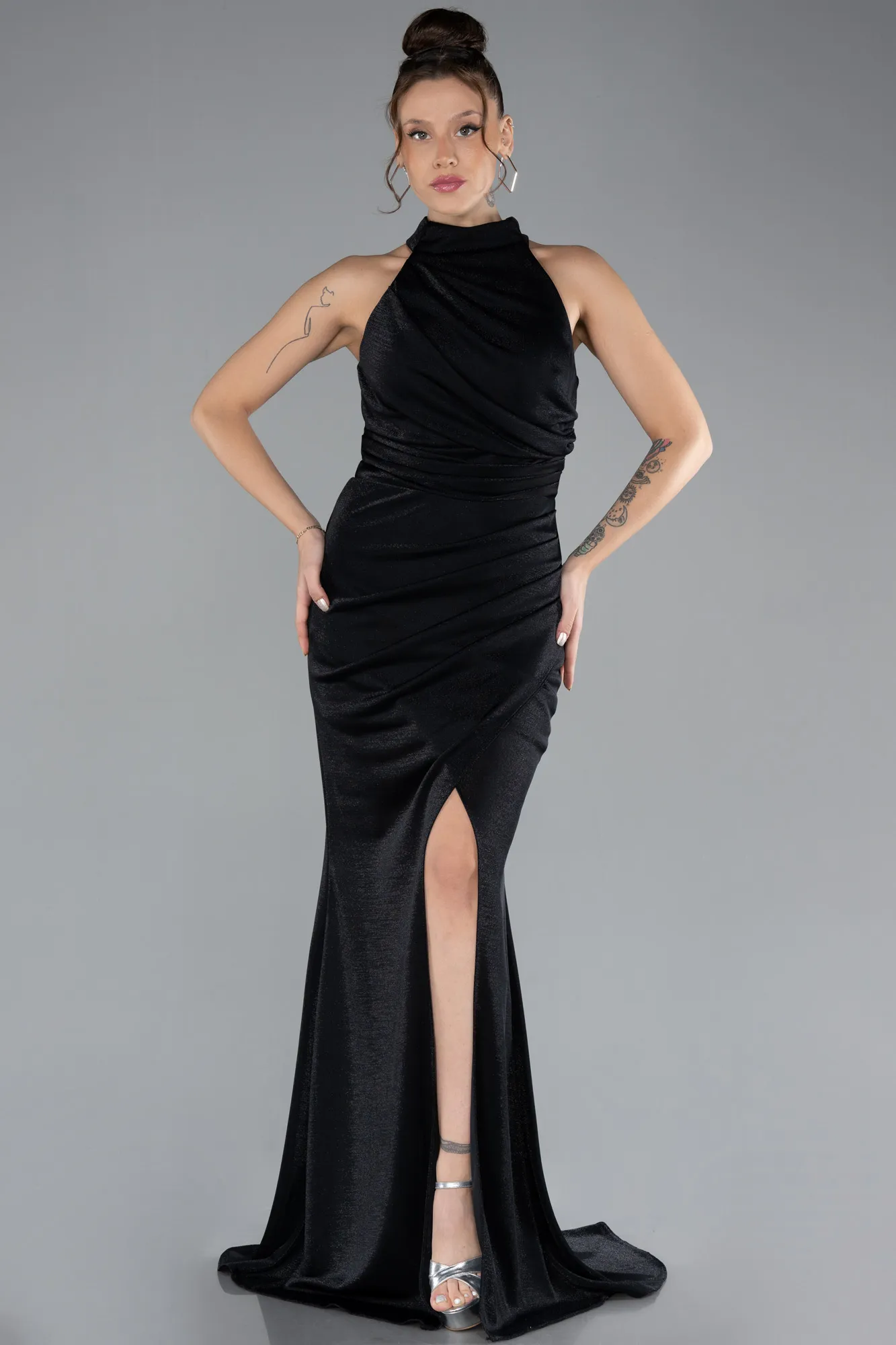 Black-Halter Neck Slit Long Glitter Prom Gown ABU4383