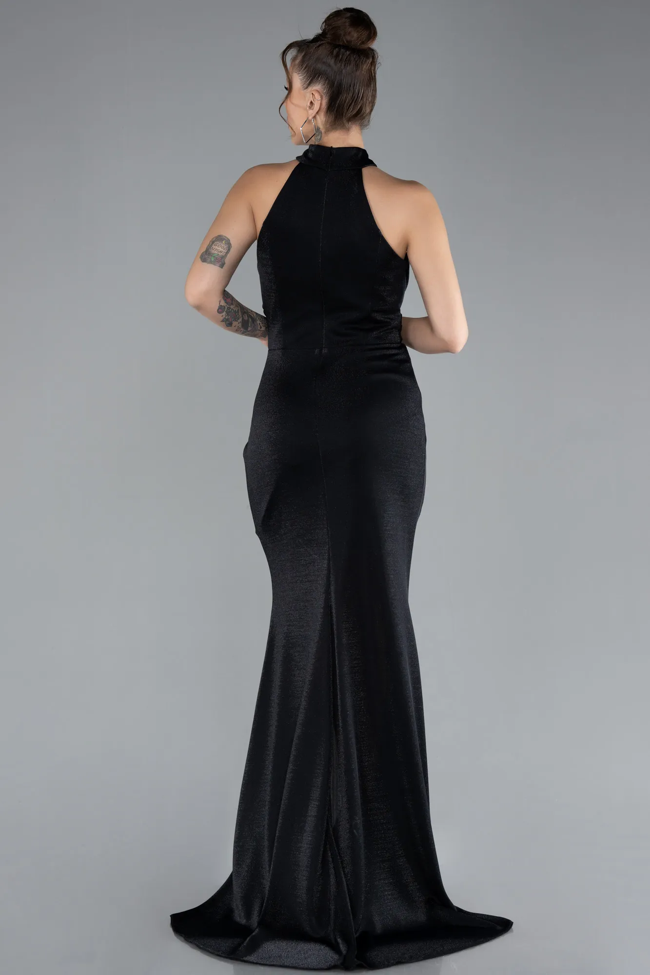 Black-Halter Neck Slit Long Glitter Prom Gown ABU4383