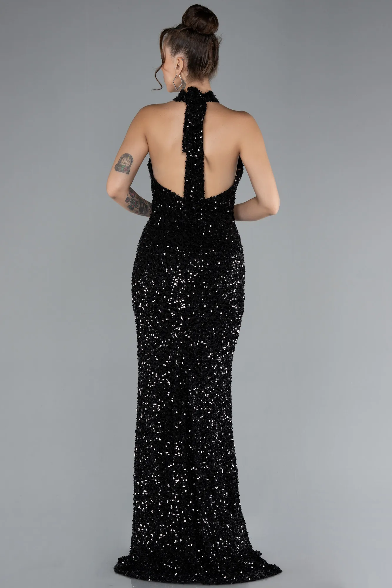 Black-Halter Neck Slit Long Scaly Evening Gown ABU4306