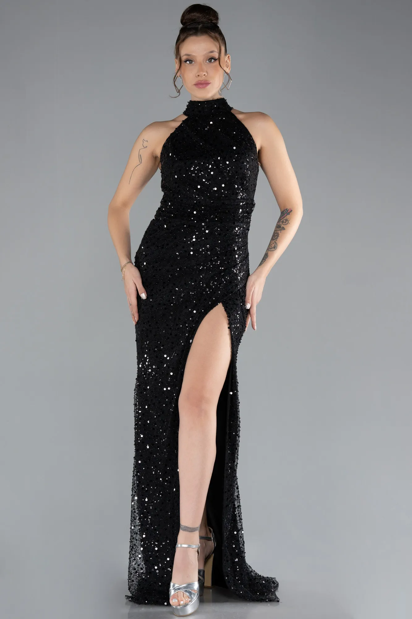 Black-Halter Neck Slit Long Scaly Evening Gown ABU4376