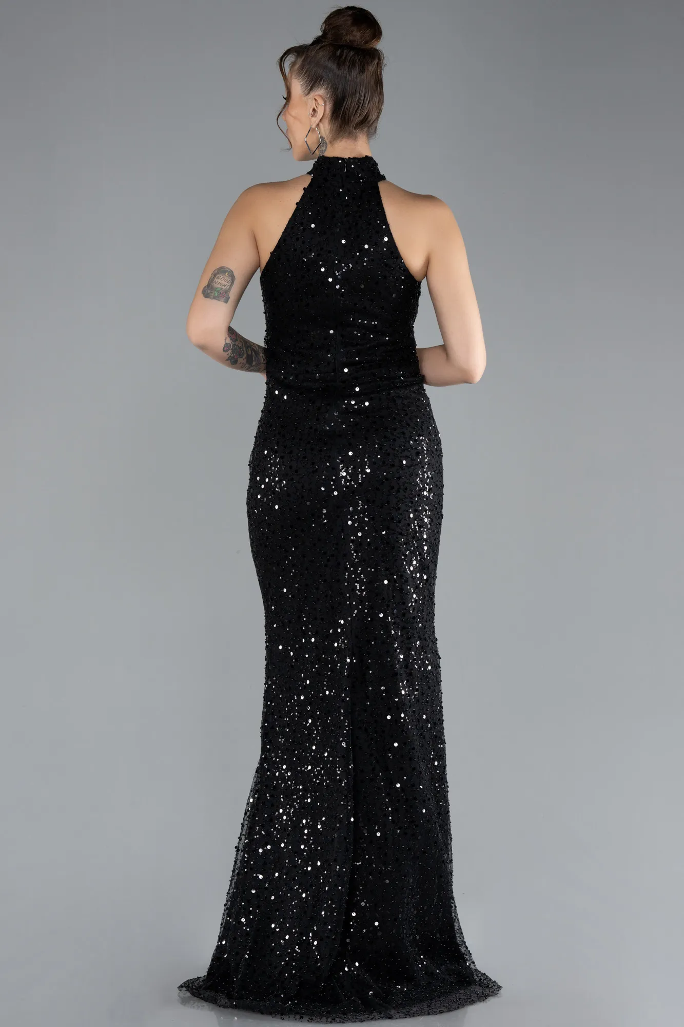 Black-Halter Neck Slit Long Scaly Evening Gown ABU4376