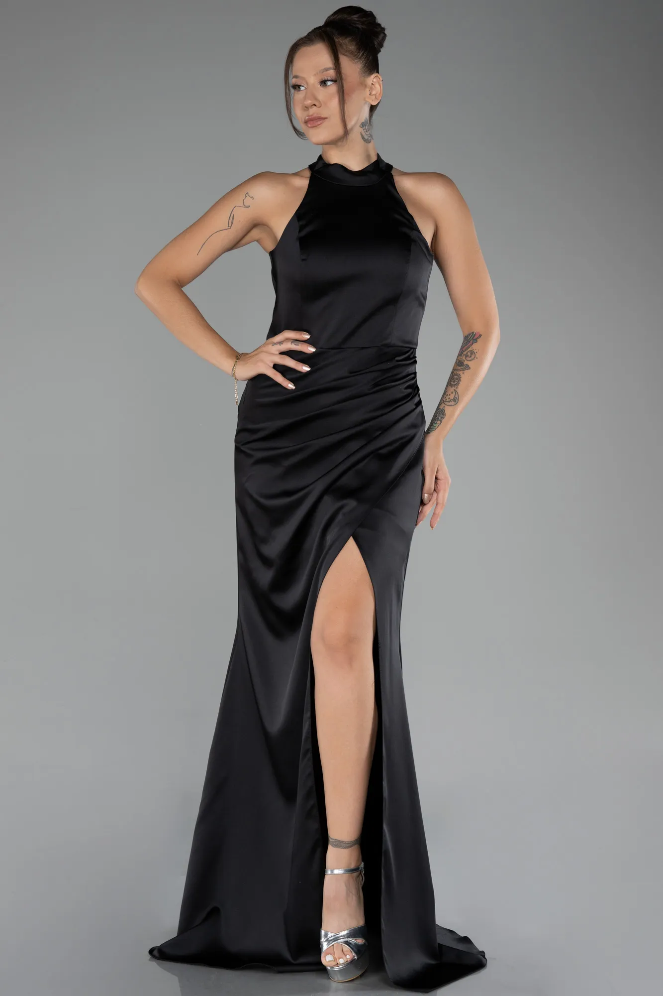 Black-Halter Neckline Slit Long Satin Evening Dress ABU4094