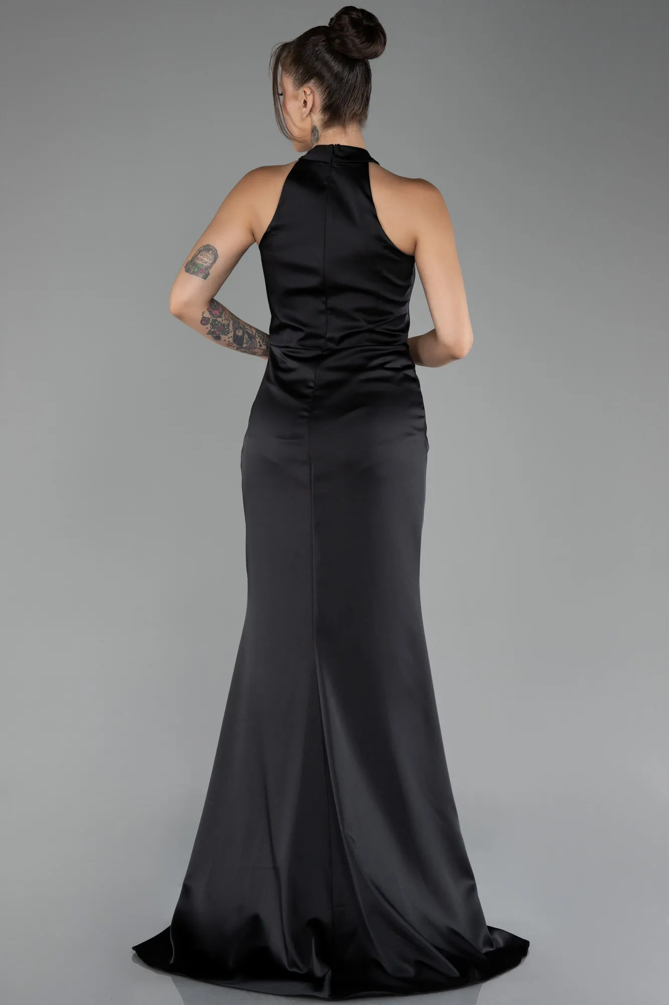 Black-Halter Neckline Slit Long Satin Evening Dress ABU4094