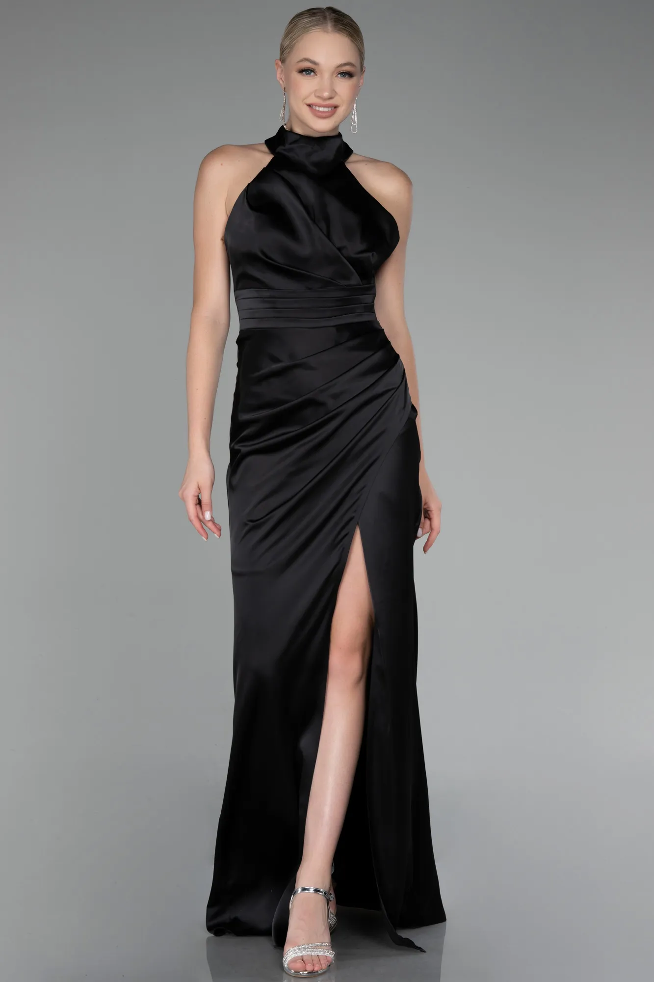 Black-Halter Neckline Slit Satin Evening Dress ABU4109