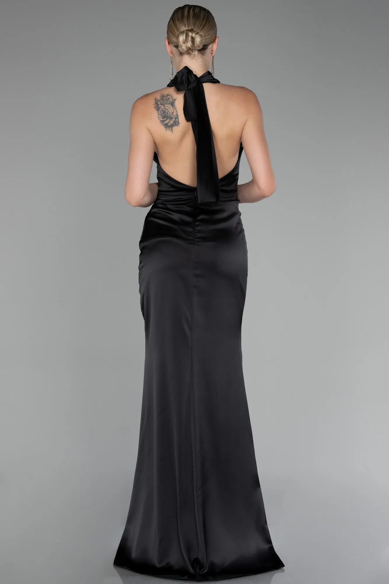 Black-Halter Neckline Slit Satin Evening Dress ABU4109