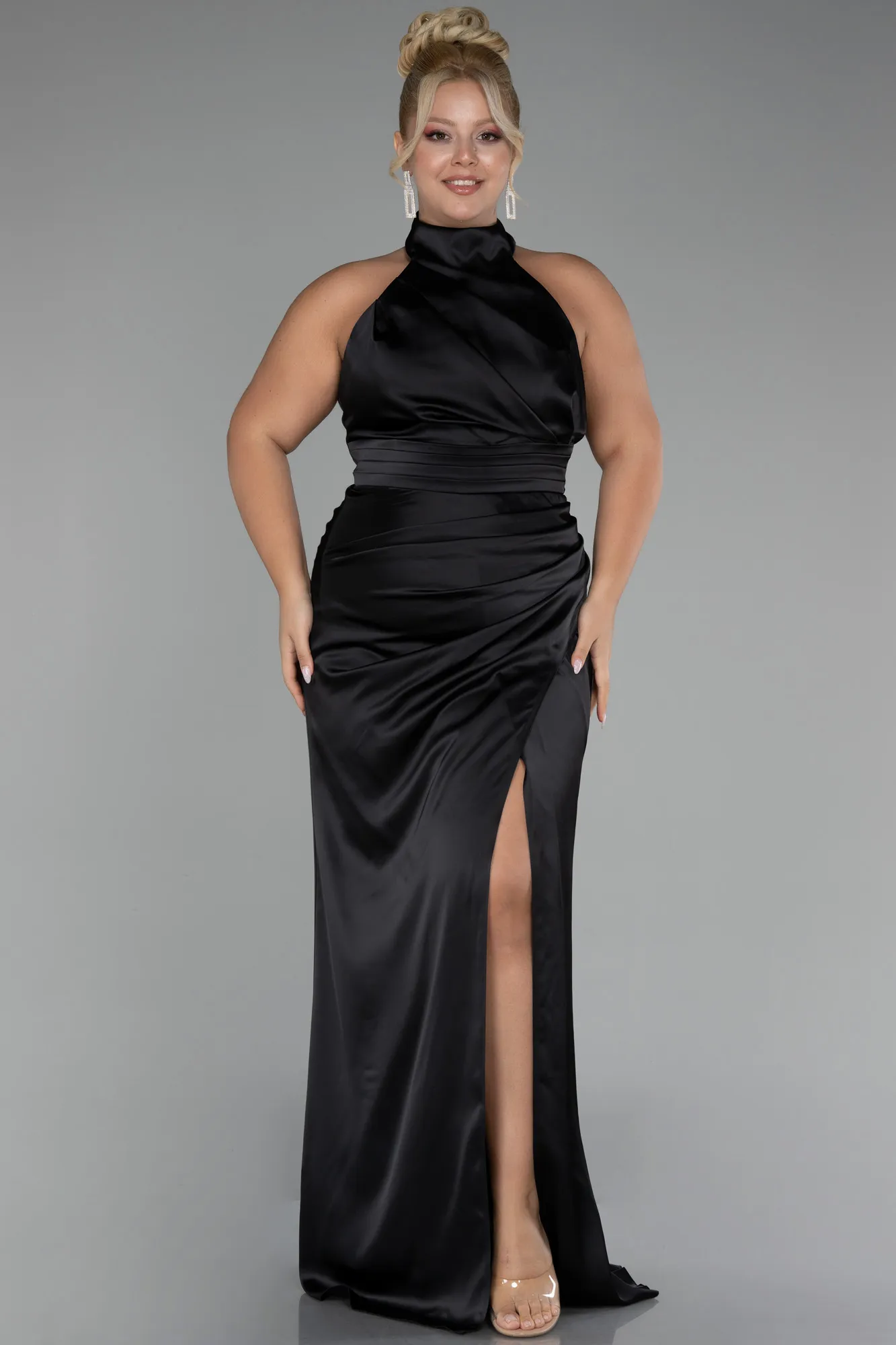 Black-Halter Neckline Slit Satin Plus Size Evening Dress ABU4110