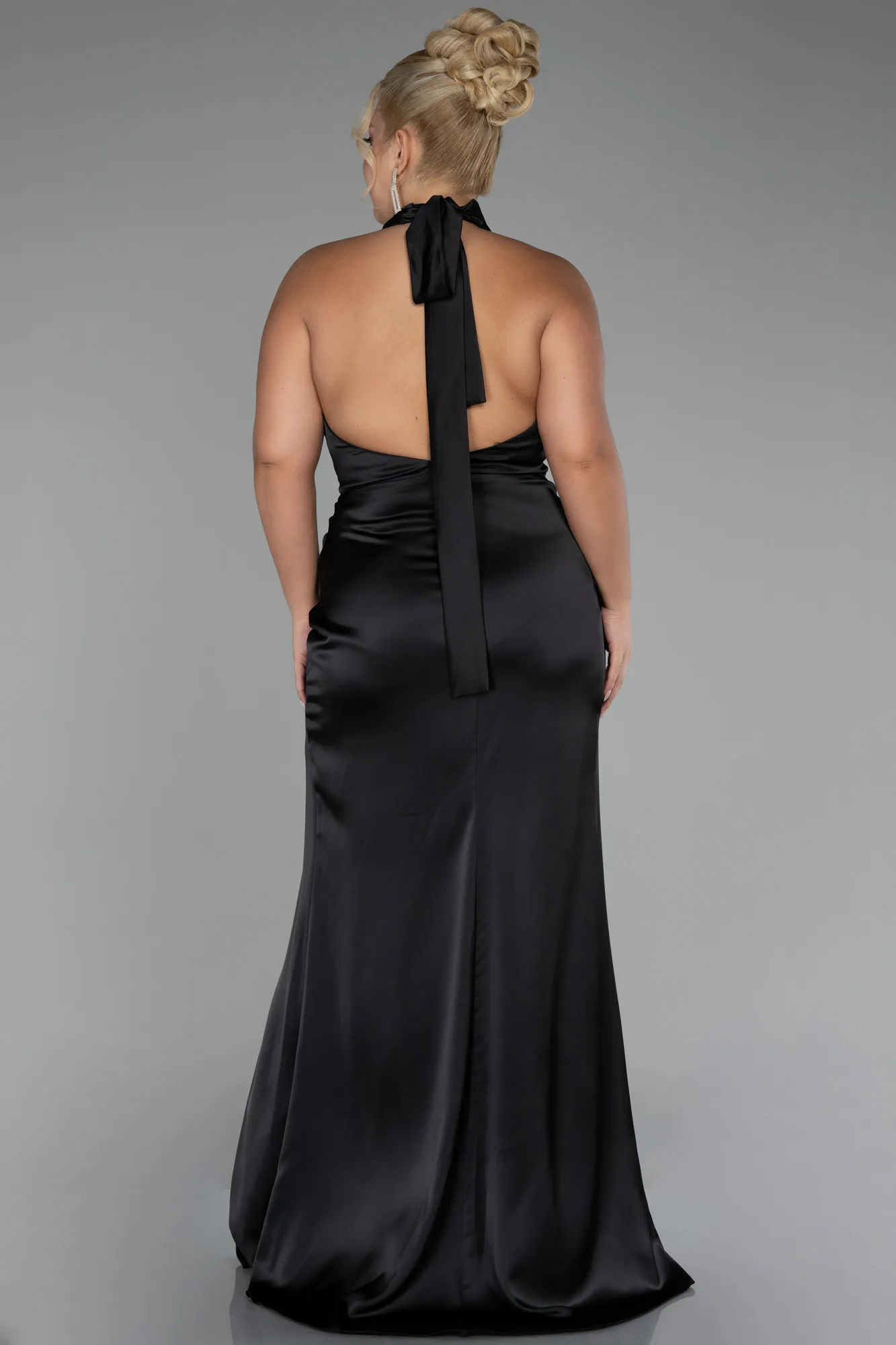 Black-Halter Neckline Slit Satin Plus Size Evening Dress ABU4110