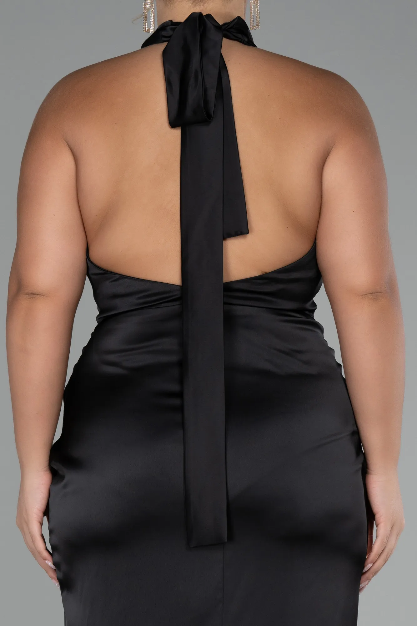 Black-Halter Neckline Slit Satin Plus Size Evening Dress ABU4110